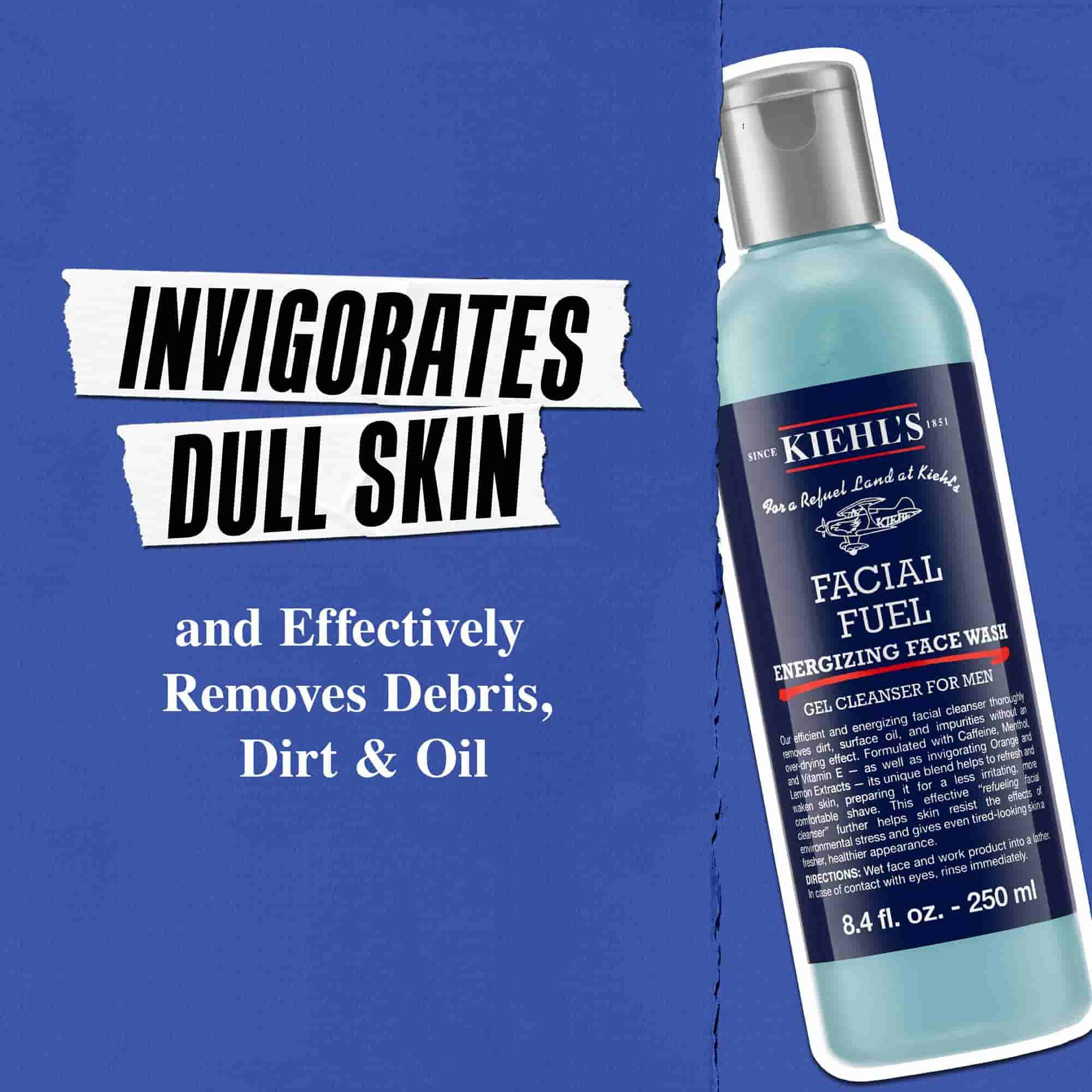 Facial Fuel Energizing Face Wash, cansız cildi canlandırır ve birikinti, kir ve yağı etkili bir şekilde temizler.