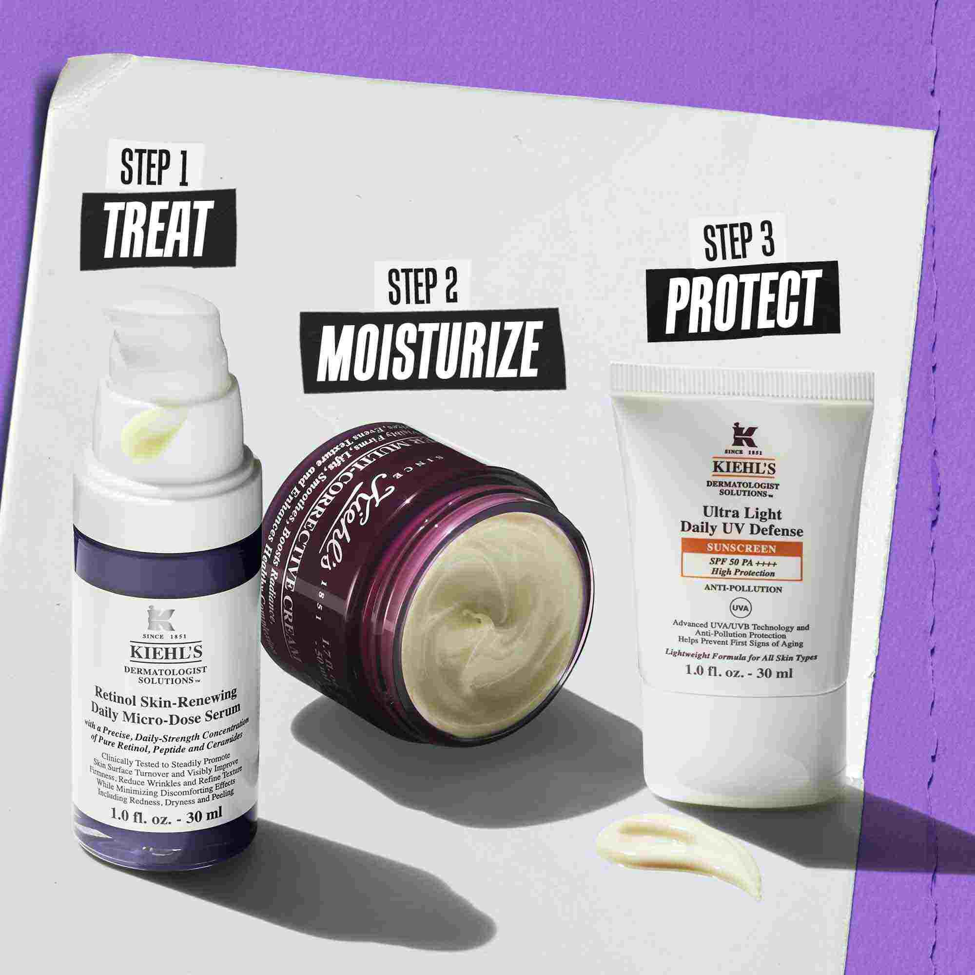 Retinol Skin Renewing Daily Microdose routine illustration – Cleanse, Treat, Treat Eye, Protect