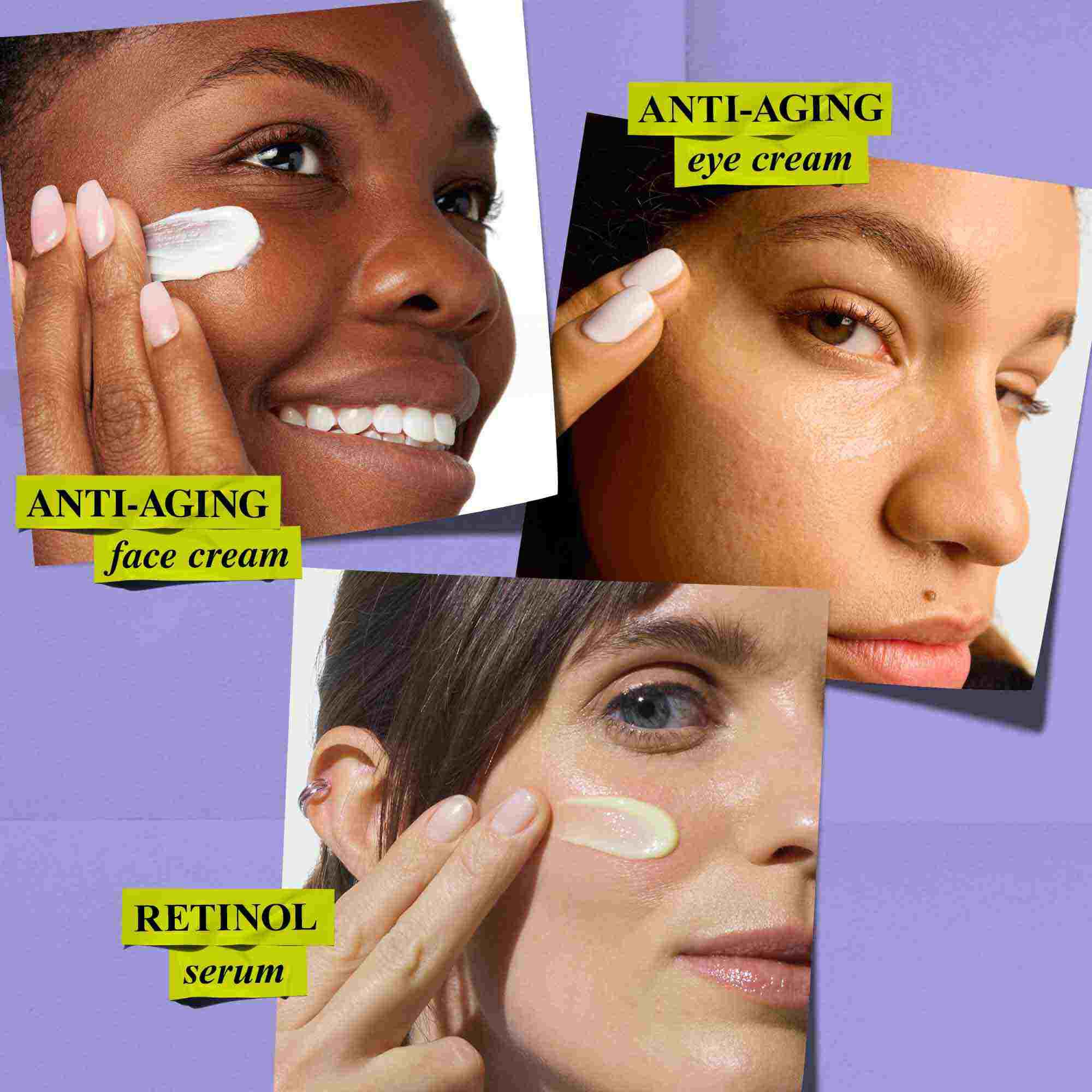 Uc kişi, Kiehl's yaşlanma karşıtı yuz kremi, goz kremi ve retinol serumu uygulayarak yaşlanma karşıtı rutin icin urun kullanımını gosteriyor.