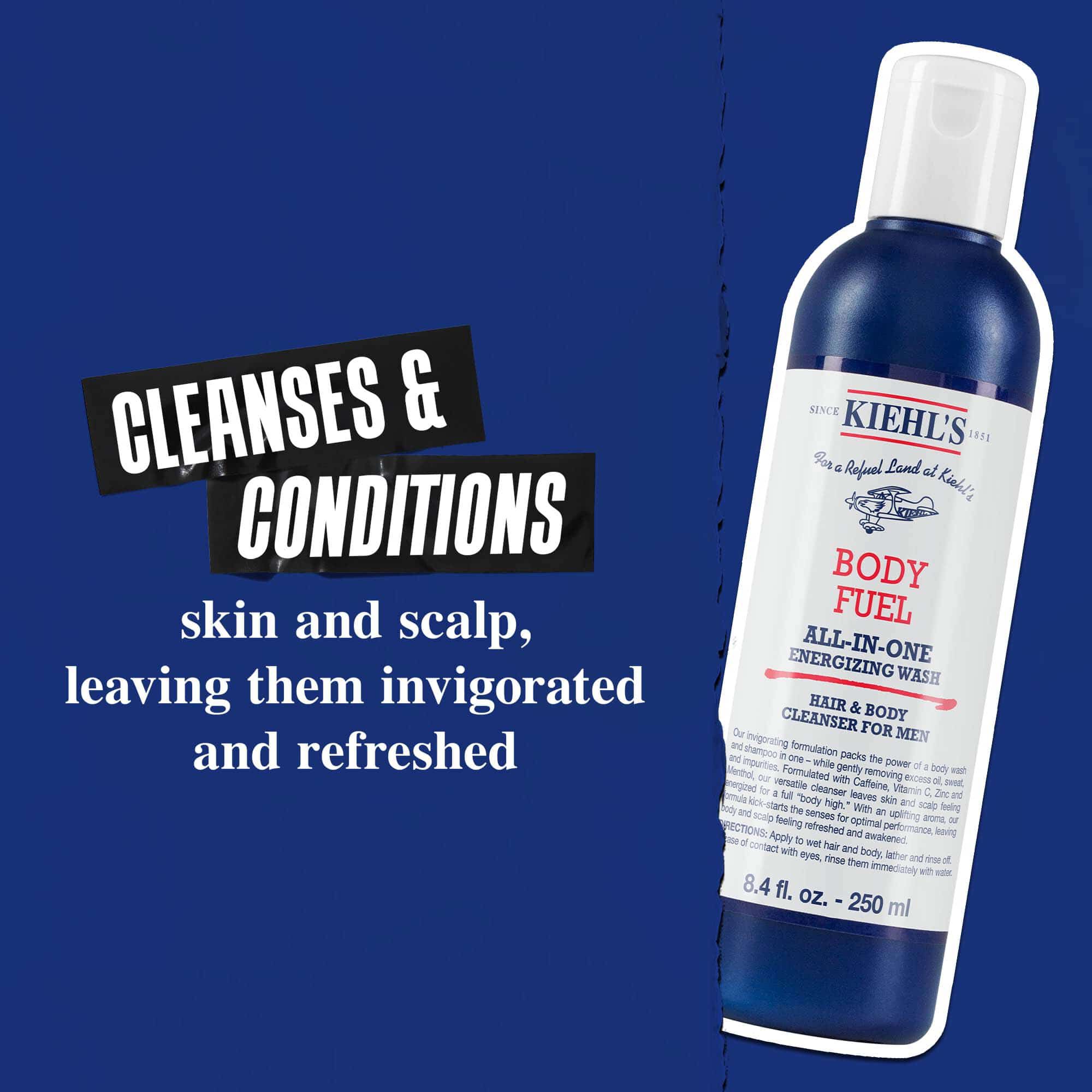 Mavi bir arka plan uzerinde Body Fuel All-In-One Energizing Wash şişesi ve "Cildi, sacı ve sac derisini temizler ve besler, canlanmış ve yenilenmiş bir his bırakır" yazısı gorunuyor.