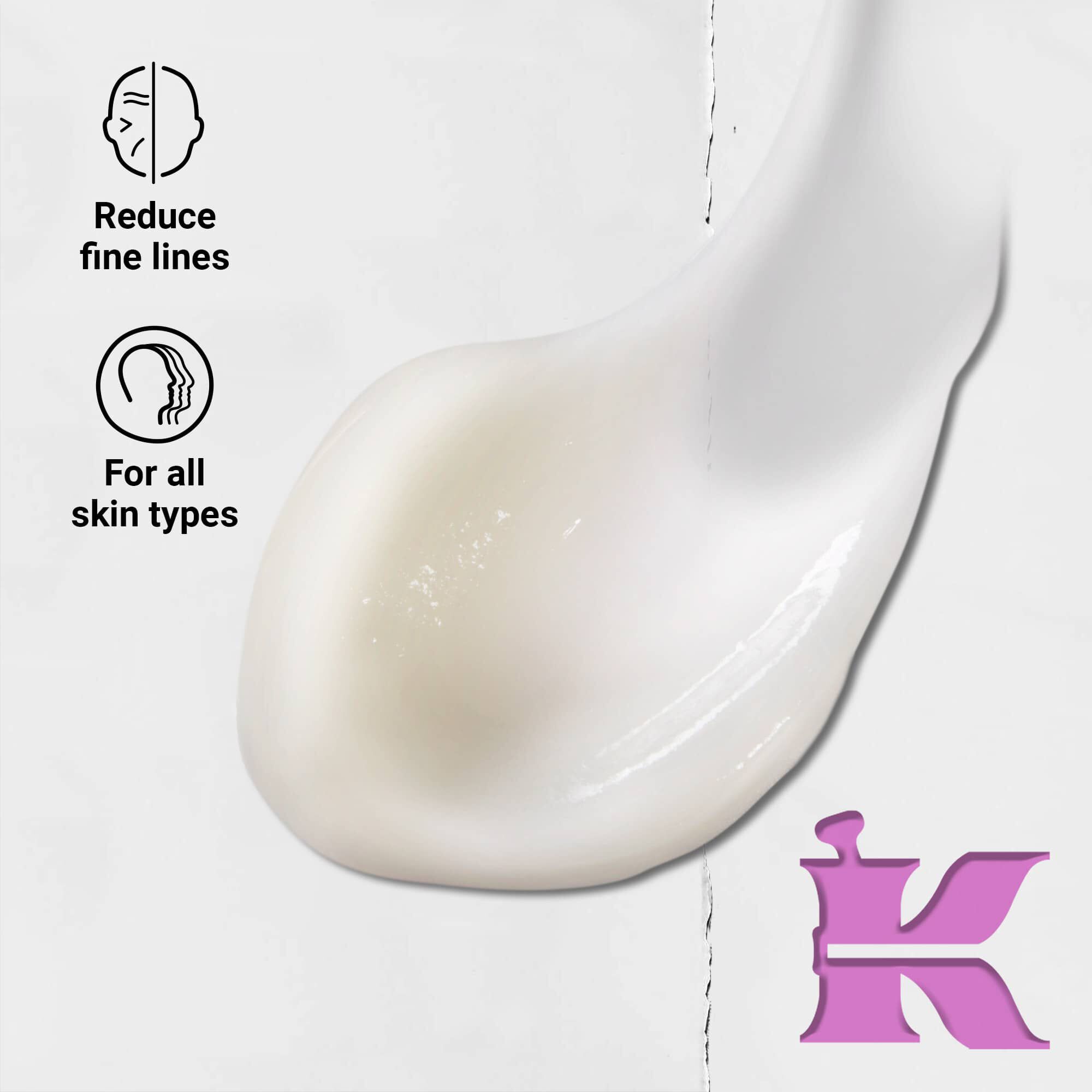 Texture photo with icons: reduces fine lines and is formulated for all skin types