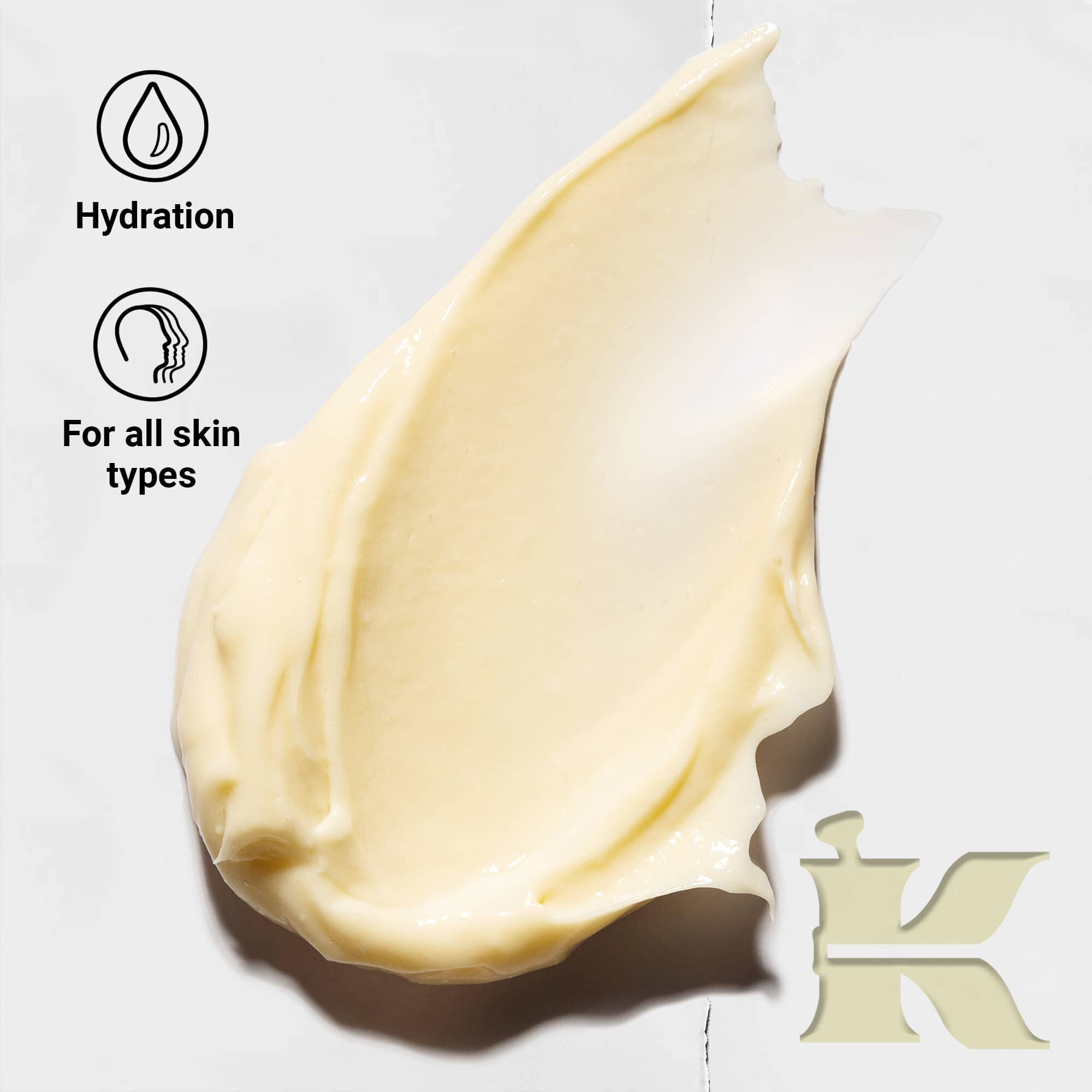 Creme de Corps dokusu fotoğrafı, nem sağladığını ve tum cilt tipleri icin uygun olduğunu belirten simgelerle birlikte.