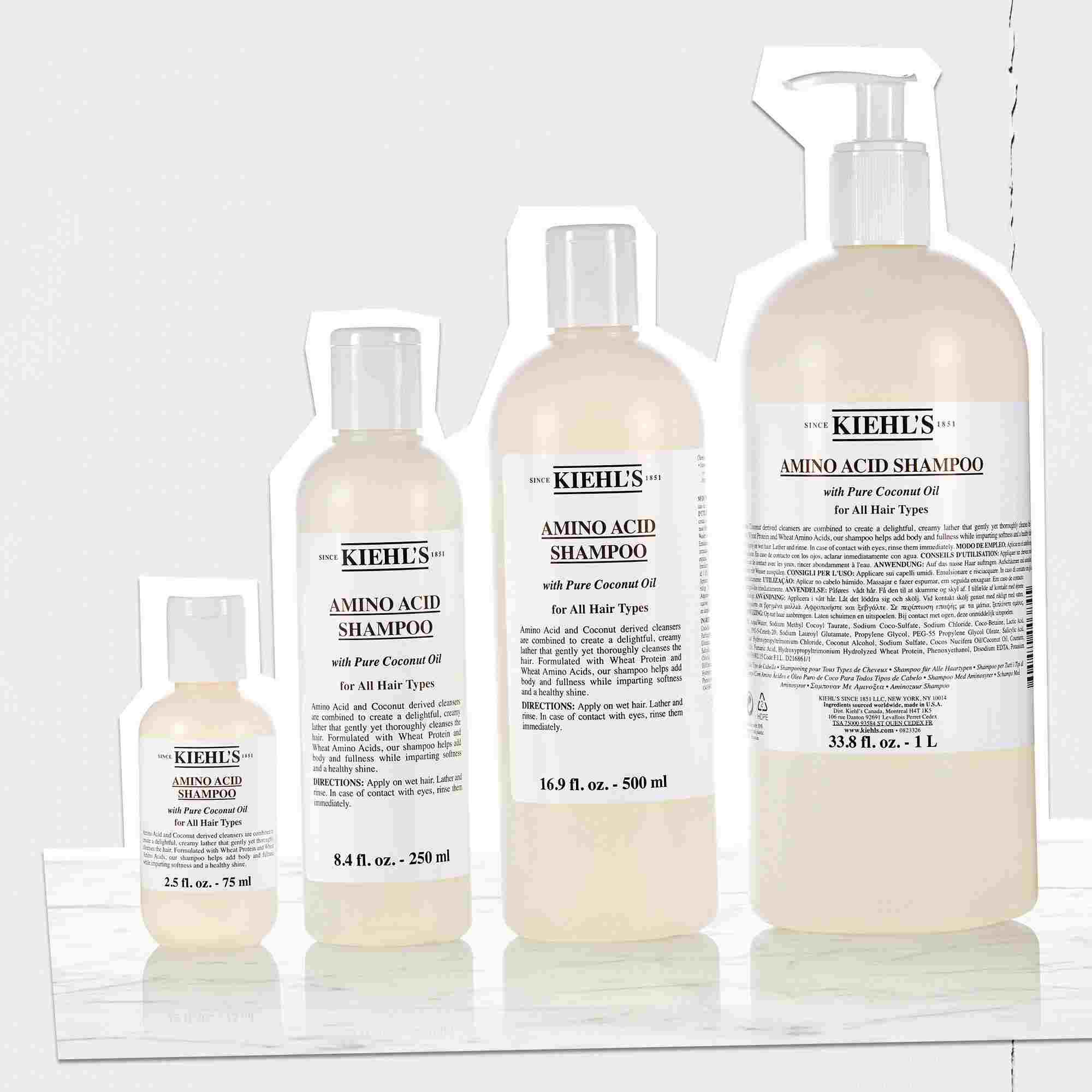 Range of Kiehl's Amino Acid Shampoo bottles in different sizes