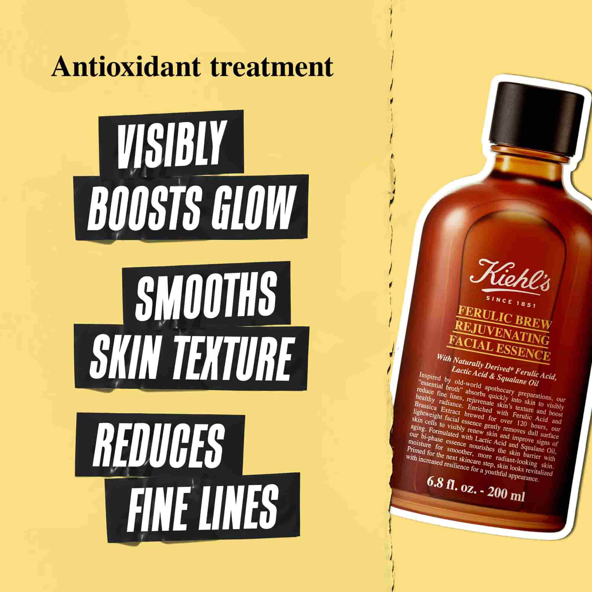 Bir grafik uzerinde Kiehl's Ferulic Brew Facial Essence şişesi. Sol tarafta, ustte "Antioksidan tedavi" metni yer alıyor, ardından uc metin kutusu: "GOZLE GORULUR PARLAKLIK ARTIŞI," "CİLT DOKUSUNU PURUZSUZLEŞTİRİR," ve "İNCE CİZGİLERİ AZALTIR."