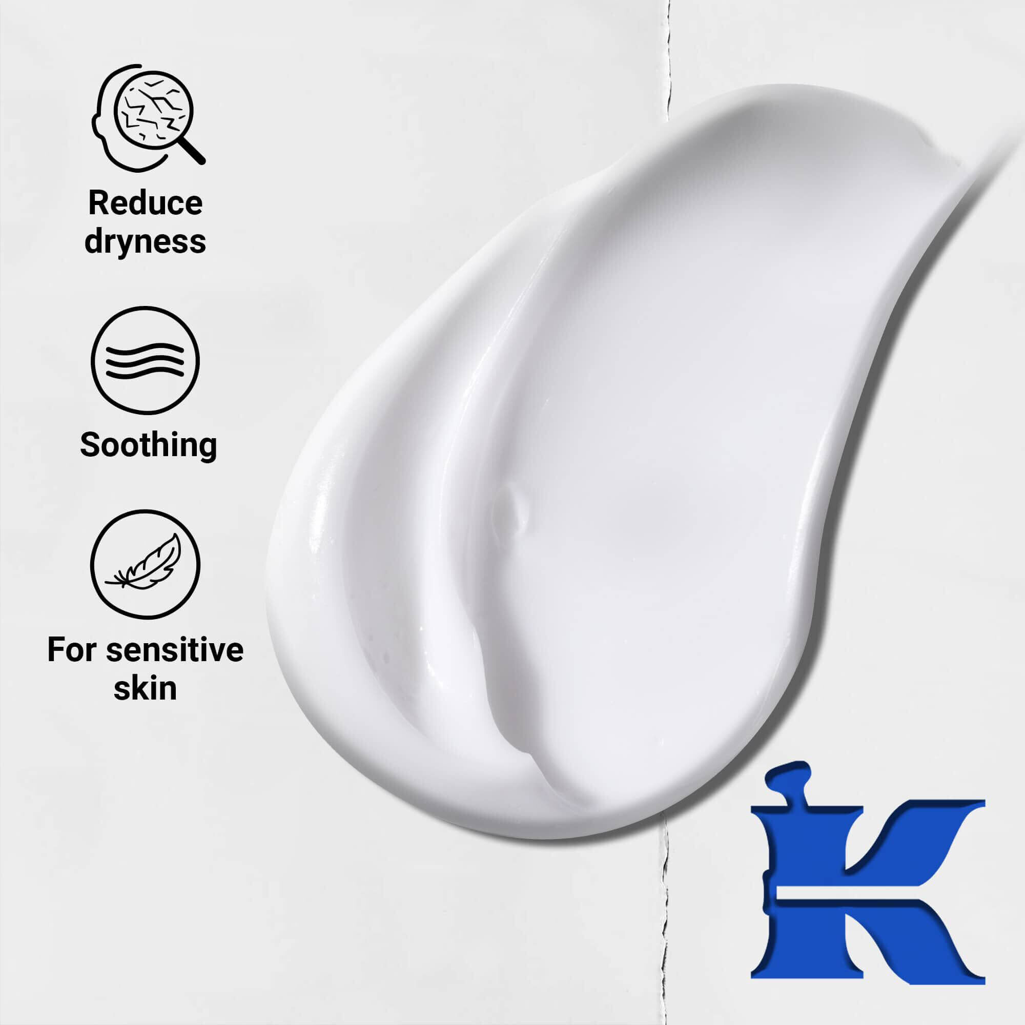 Texture photo with icons: reduces dryness, is soothing and is formulated for sensitive skin