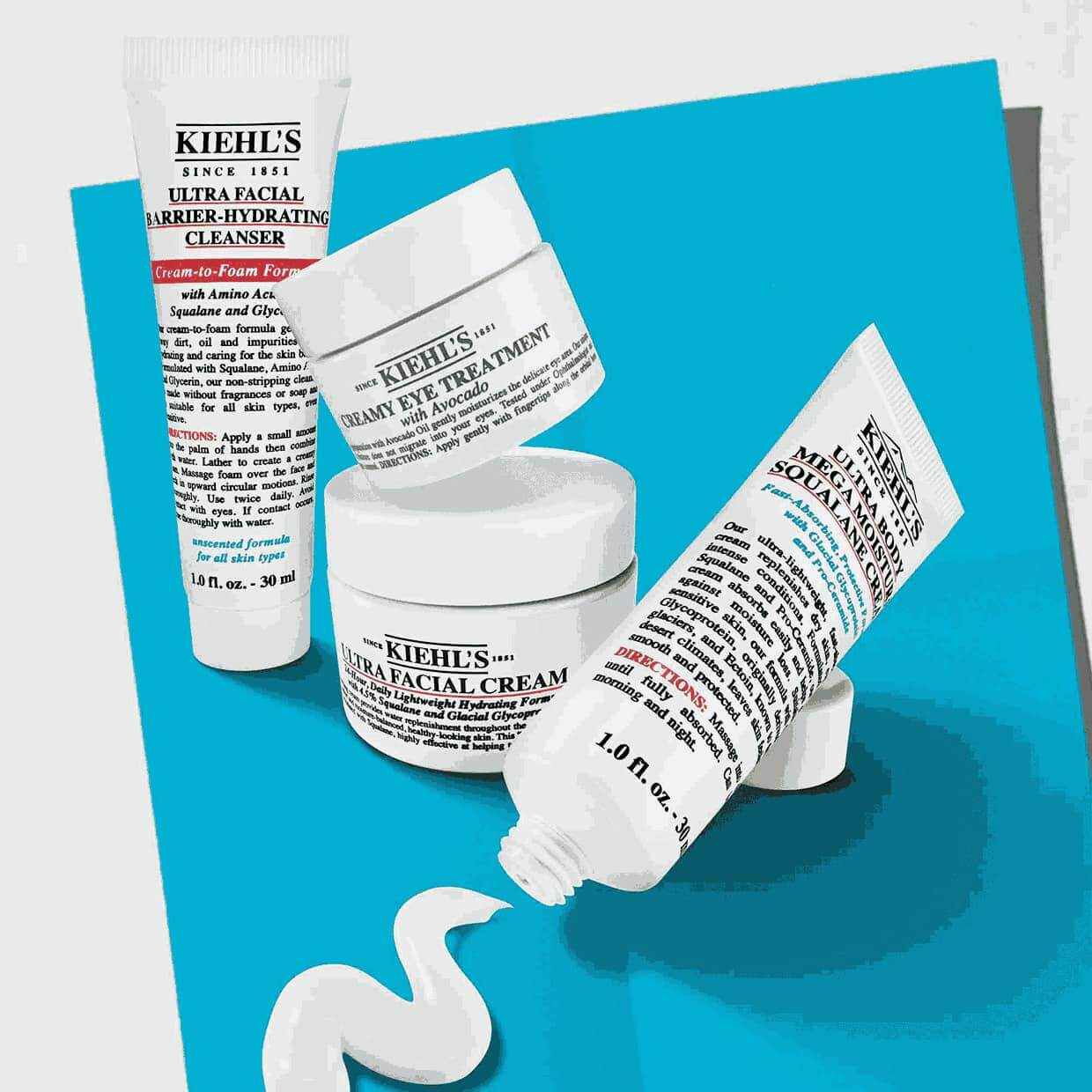 Kiehl's cilt bakım urunleri, Ultra Facial Cream, Avokado İcerikli Kremsi Goz Bakım Kremi ve Ultra Facial Barrier Hydrating Cleanser, promosyon fiyatları ve değerleriyle gosterilmektedir.