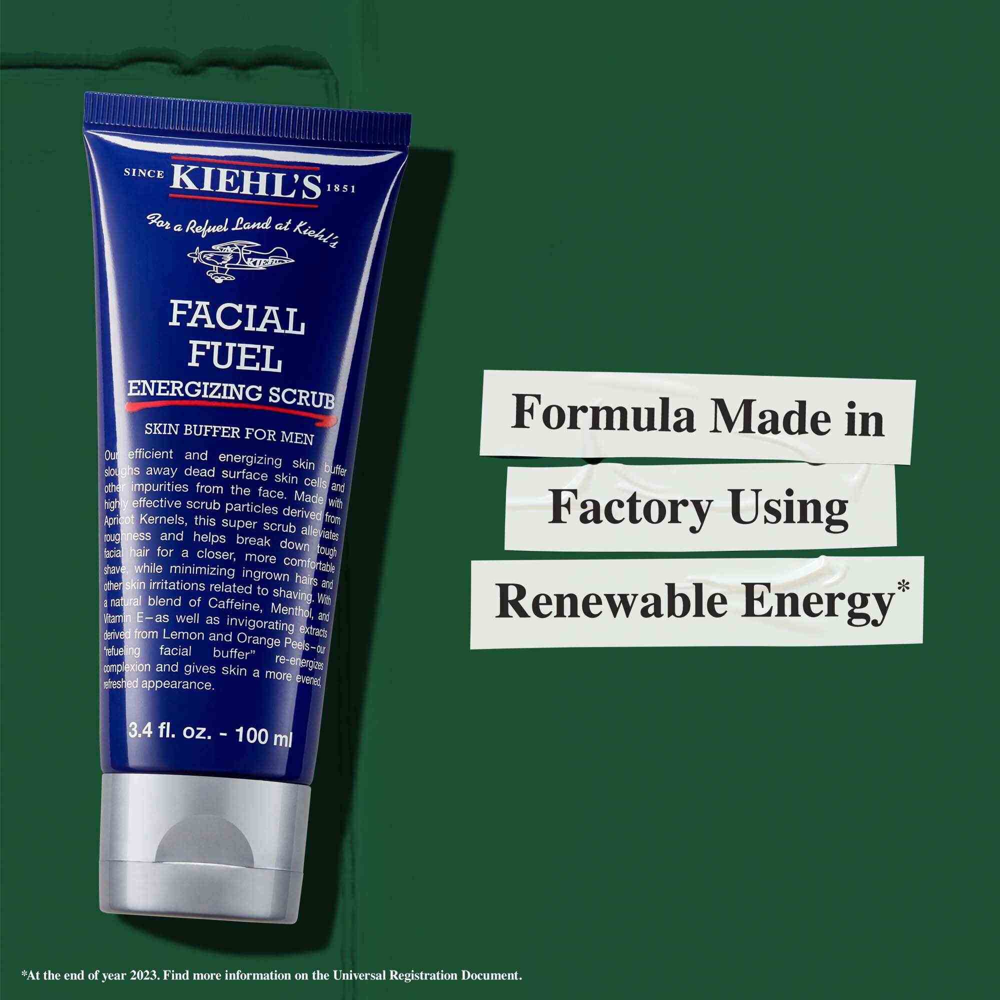 Tube of Facial Fuel Energizing Scrub with text highlighting sustainability: "Formula Made in Factory Using Renewable Energy."