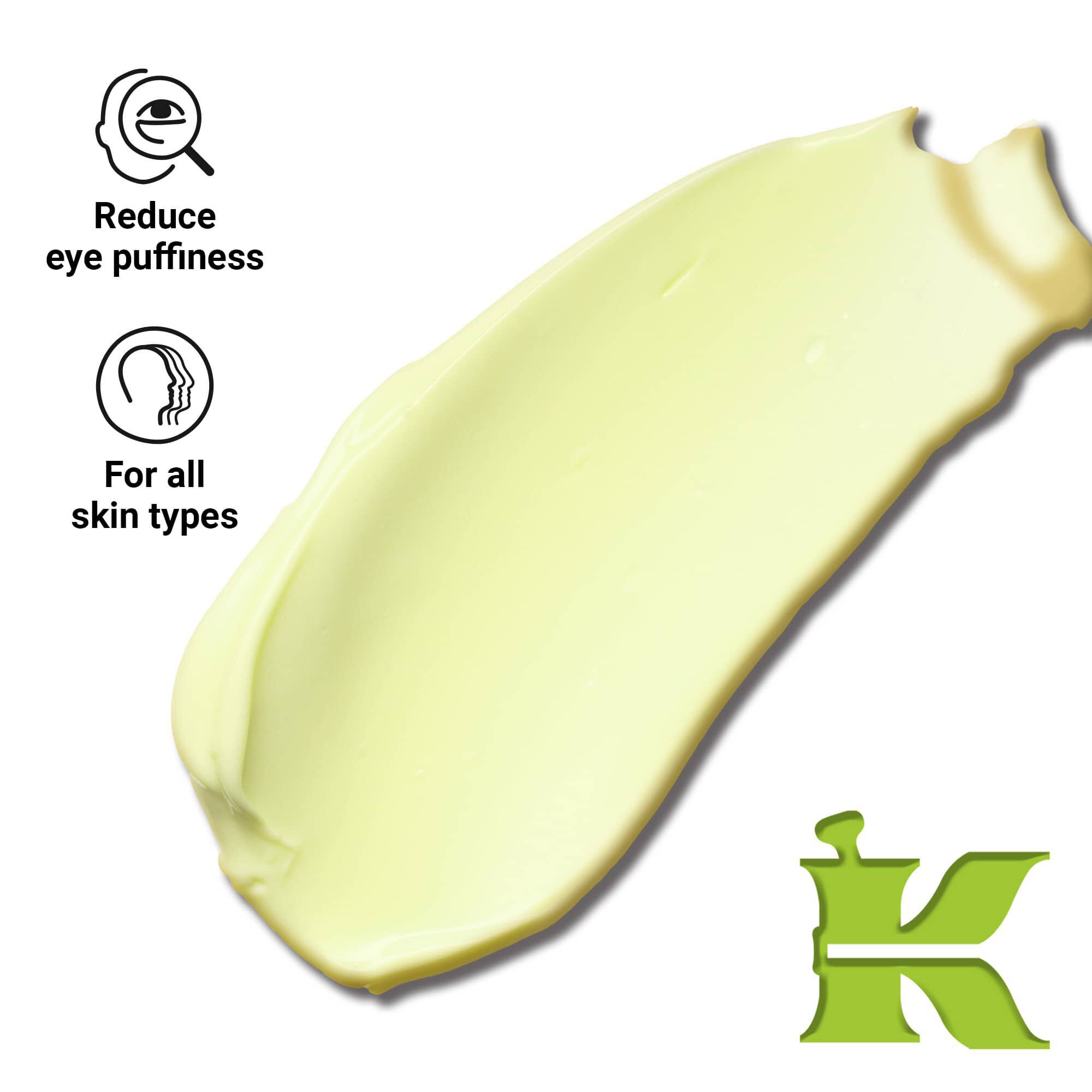 Product texture photo with icons - it can reduce eye puffiness and is suitable for all skin types