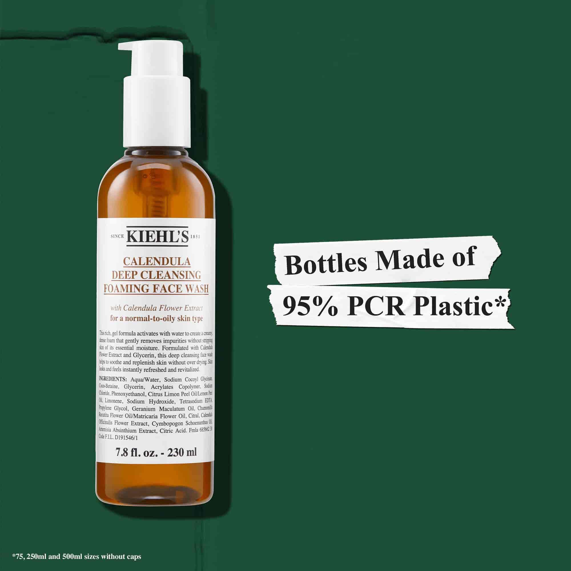 Kiehl's Calendula Deep Cleaning Foaming Face Wash bottles are made with 95% PCR Plastic
