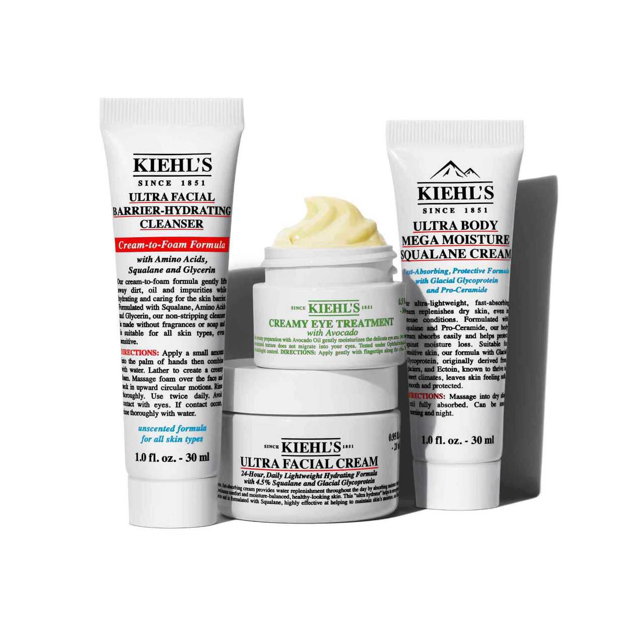 Kiehl's cilt bakım urunleri: Ultra Facial Cream, Avokadolu Creamy Eye Treatment ve Ultra Facial Barrier Hydrating Cleanser.