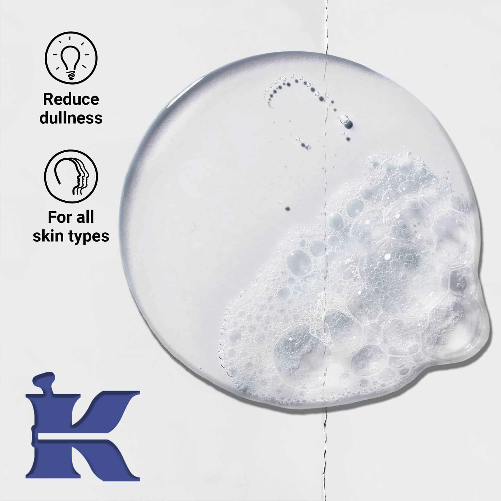 Facial Fuel dokusunun fotoğrafı, matlığı azaltığını ve tum cilt tiplerine uygun olduğunu belirten ikonlarla.
