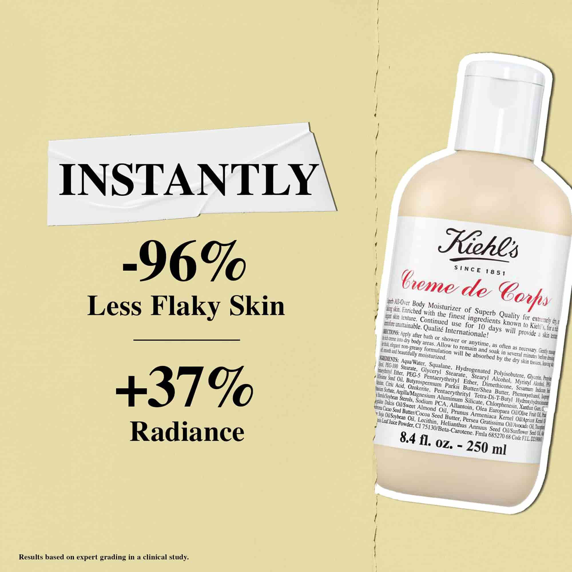 Kiehl's Creme de Corps lotion instantly delivers 96% less flaky skin and a 37% increase in radiance