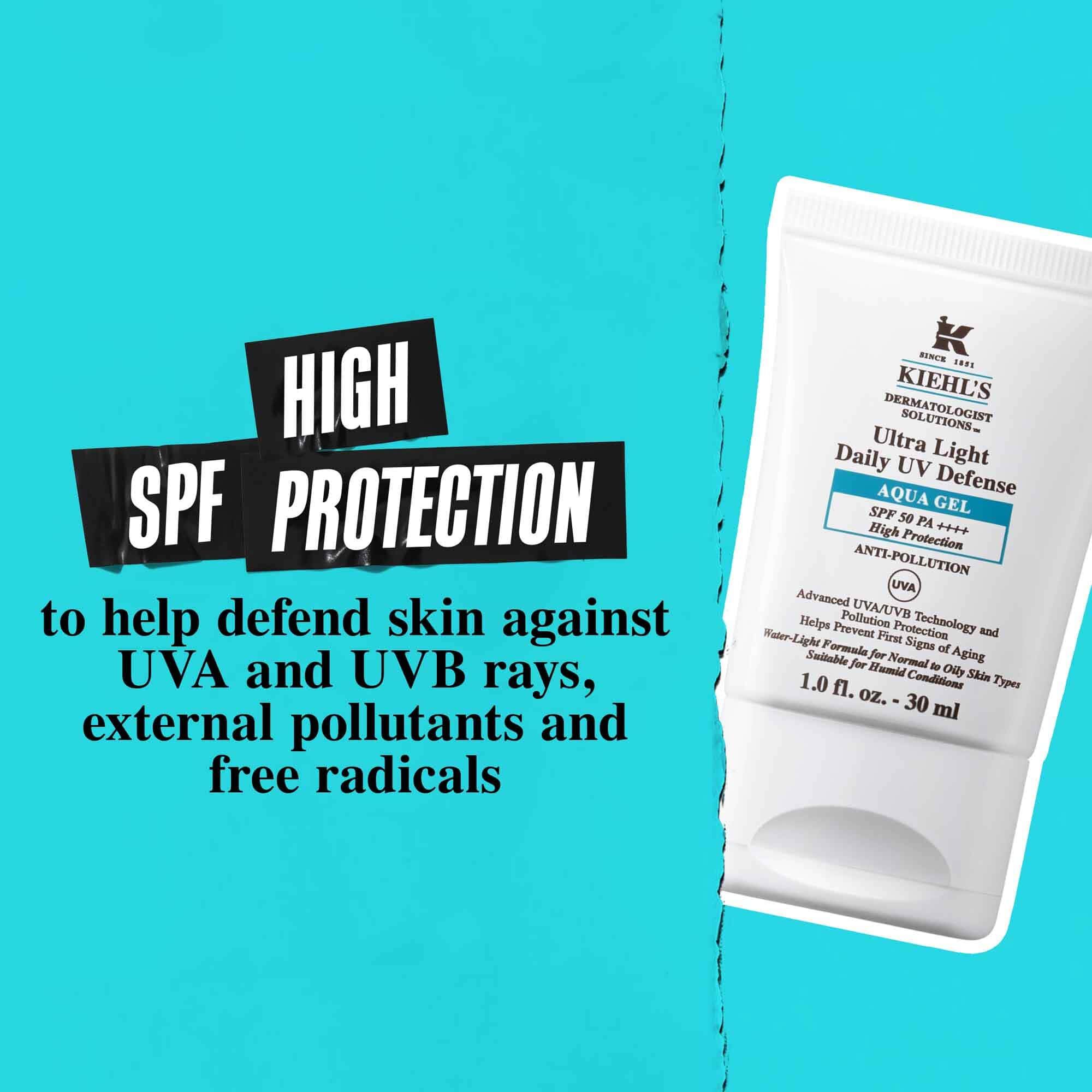 Mavi bir arka plan uzerinde Ultra Light Daily UV Defense Aqua Gel tupu ve şu yazı: "Yuksek SPF koruması, cildinizi UVA ve UVB ışınlarına, dış etkenlere ve serbest radikallere karşı korumaya yardımcı olur."