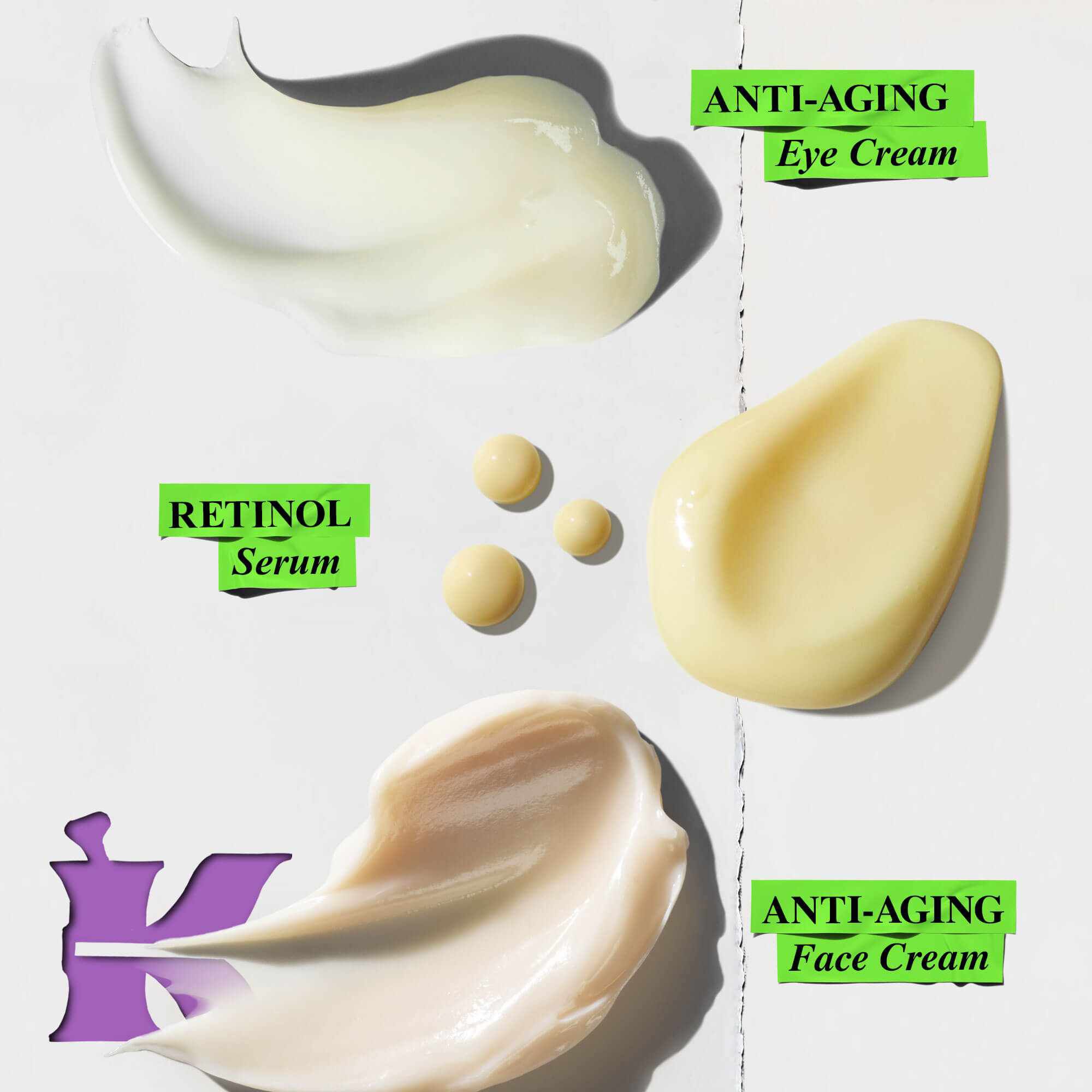 Kiehl's Anti-Aging Eye Cream, Retinol Serum ve Anti-Aging Face Cream urunlerinin ornekleri, "K" logosuyla birlikte sunulmaktadır.