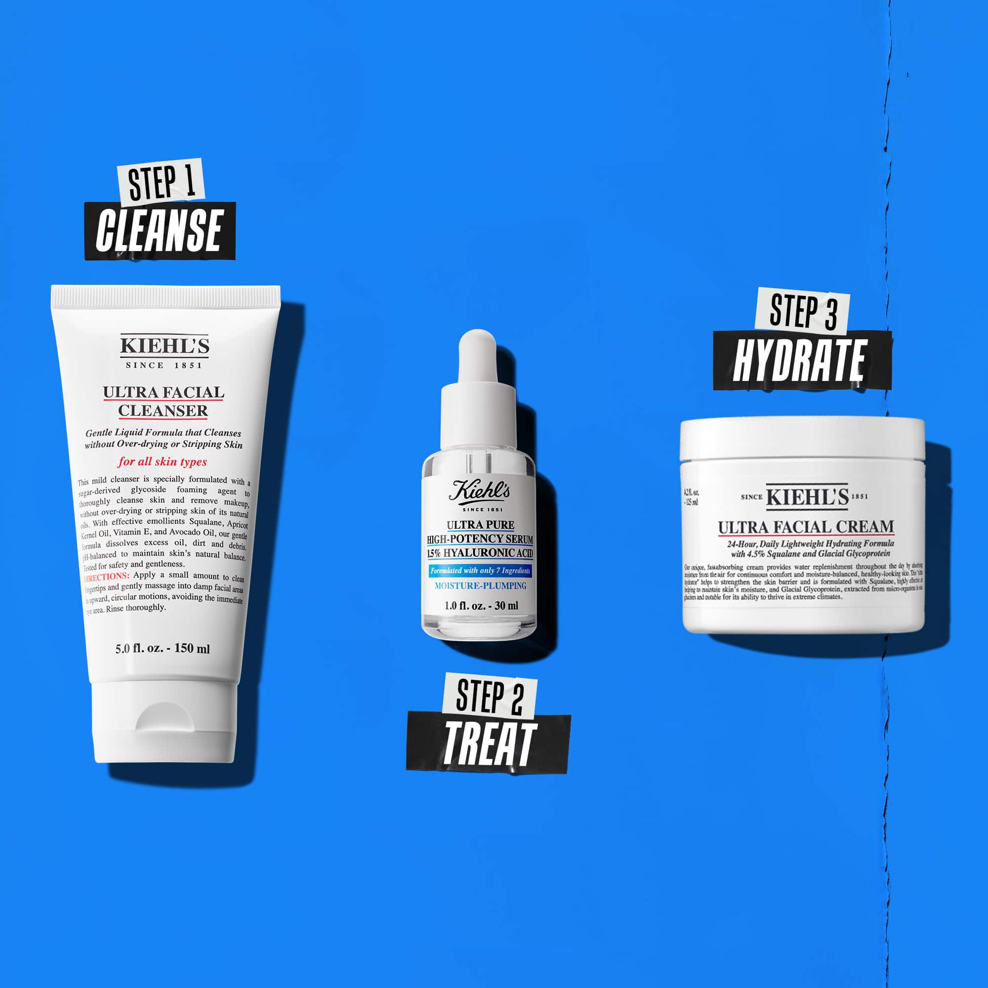 Kiehl's urunlerini iceren uc adımlı bir rutin. Adım 1: Ultra Facial Cleanser. Adım 2: Hyaluronik Asit Serumu. Adım 3: Ultra Facial Cream.