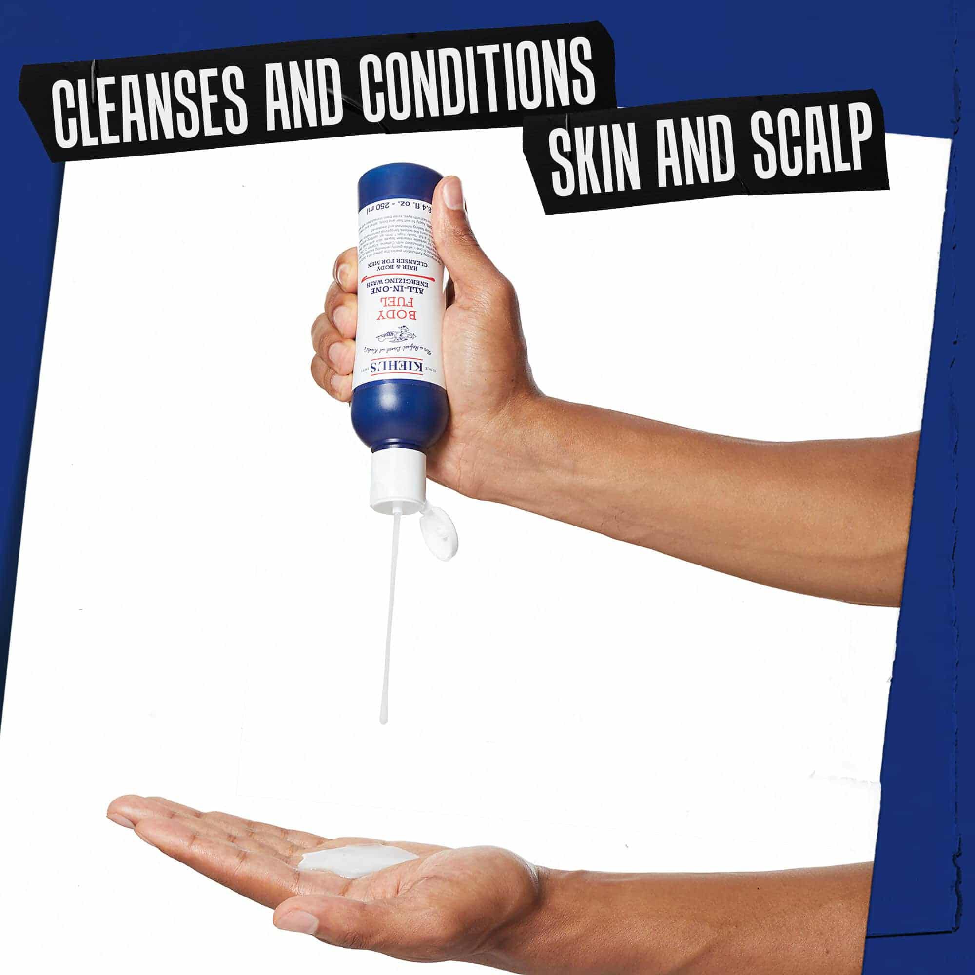 Kiehl's urunleriyle uc adımlı Body Fuel rutini. Adım 1: Temizle. Adım 2: Facial Fuel Treatment ile nemlendir. Adım 3: Facial Fuel Eye Fuel Goz Kremi.