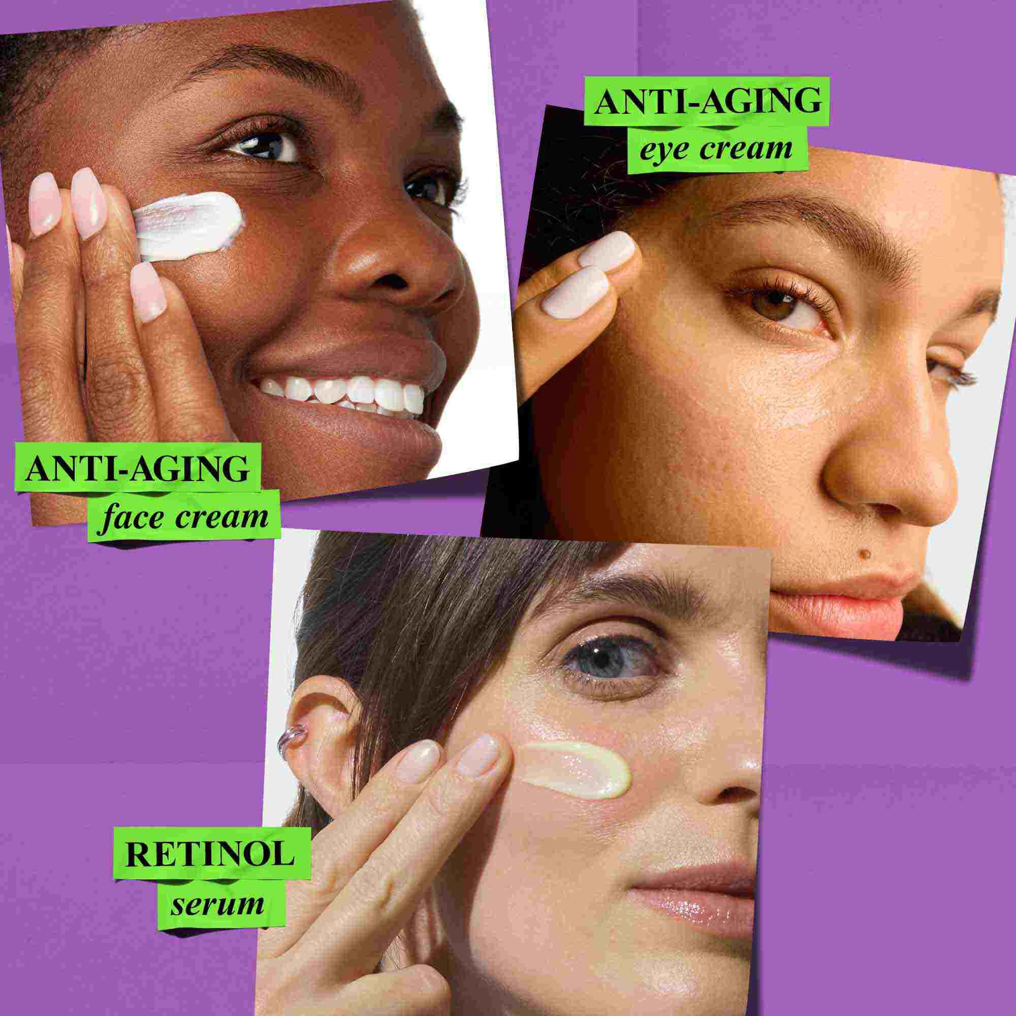 Uc kişi, Kiehl's yaşlanma karşıtı yuz kremi, goz kremi ve retinol serumunu ciltlerine uygulayarak yaşlanma karşıtı bir bakım rutinini vurguluyor.