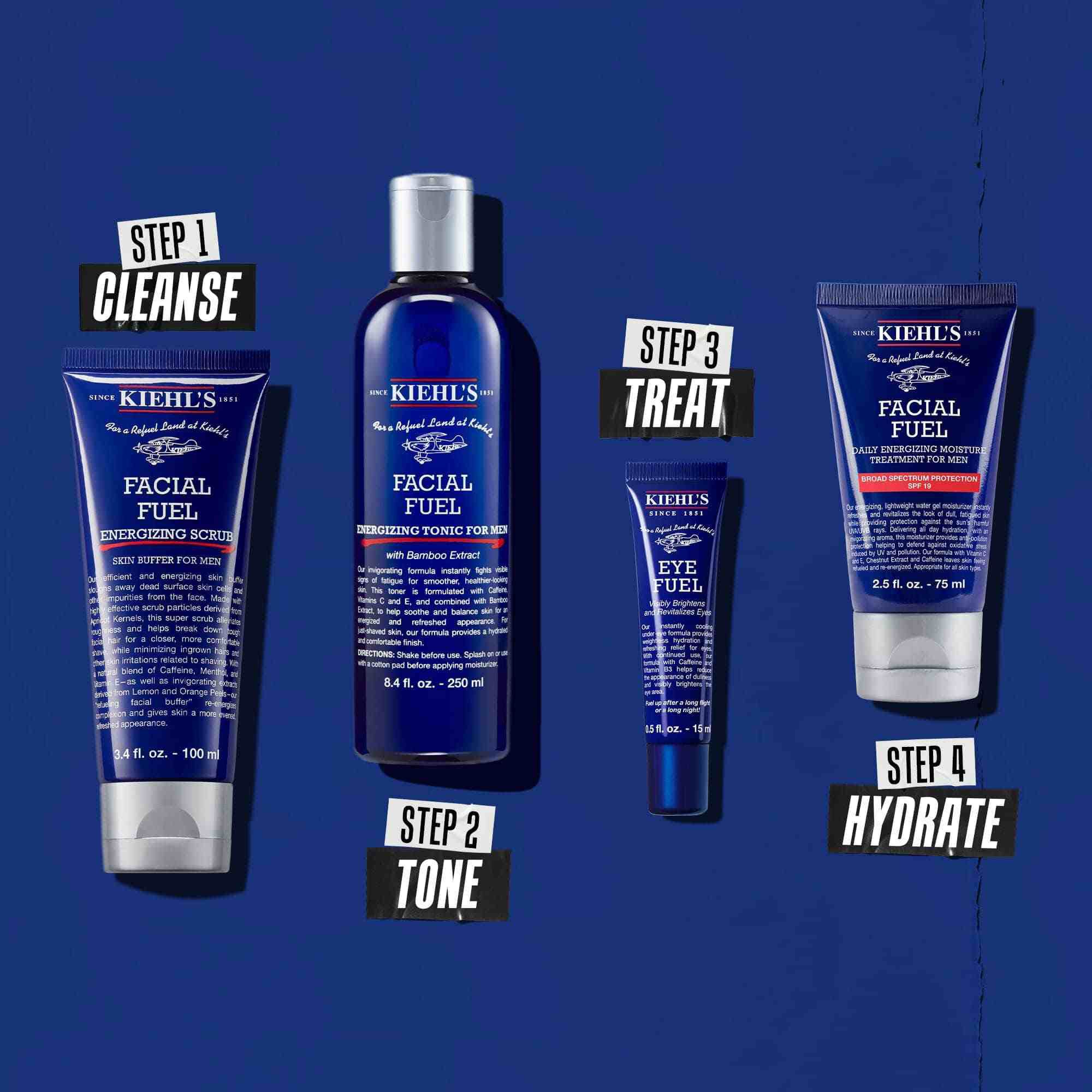 Four product routine to cleanse, tone, treat, and hydrate.