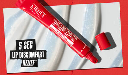 Kiehl’s Ultra Meltdown Mending Lip Gel tanıtım gorseli. Jel dokusu uzerinde gosterilen kırmızı medikal tup ve "5 Saniyede Dudak Rahatlığı ve Bariyer Onarımı" vurgusu yapılan metin.