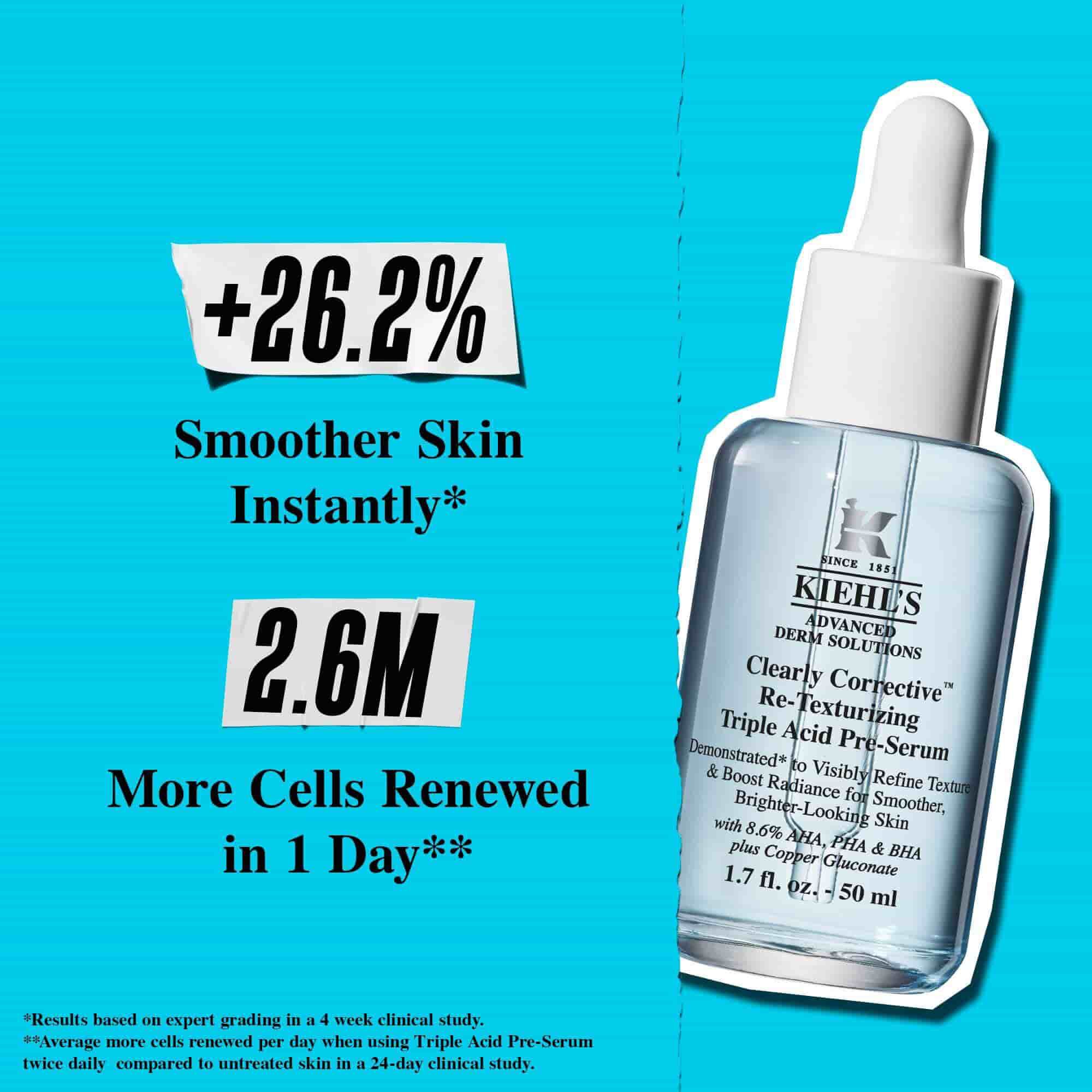 Kiehl’s serum şişesi ile metin: “+26,2% anında daha puruzsuz cilt; 1 gunde 2,6M daha fazla hucre yenilendi.”