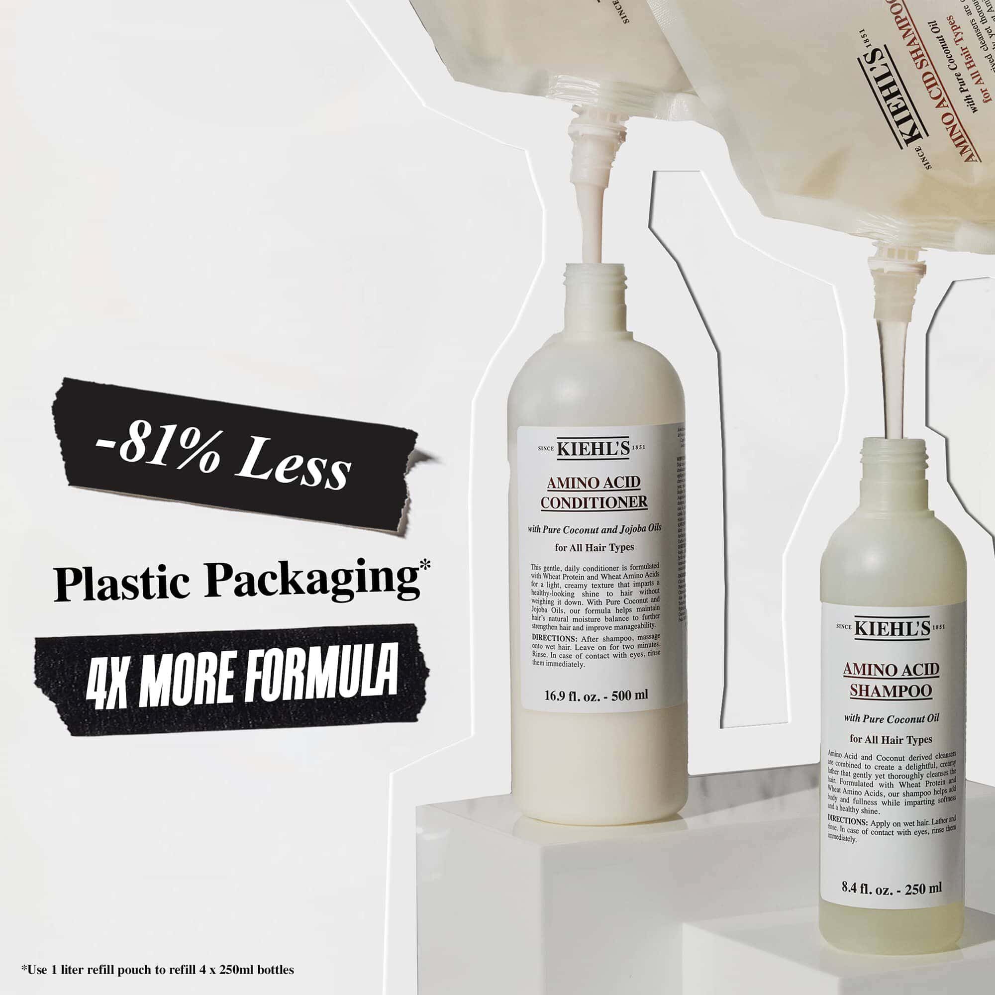 Kiehl's amino acid shampoo and conditioner bottles with promotional text highlighting 81% less plastic packaging and 4x more formula.