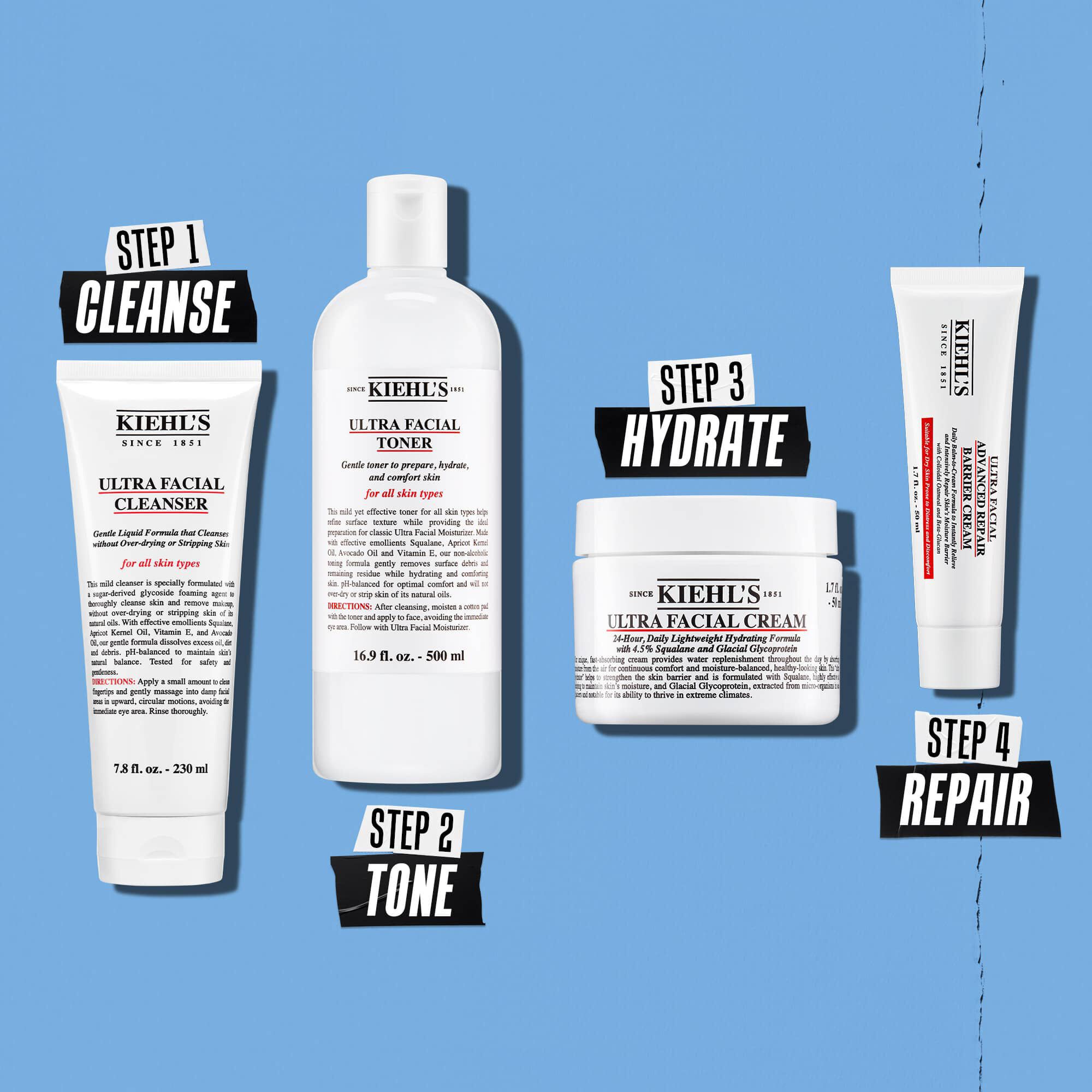 Kiehl's Ultra Facial Barrier Cream rutin illustrasyonu – Temizle, Tonik Uygula, Nemlendir, Onar