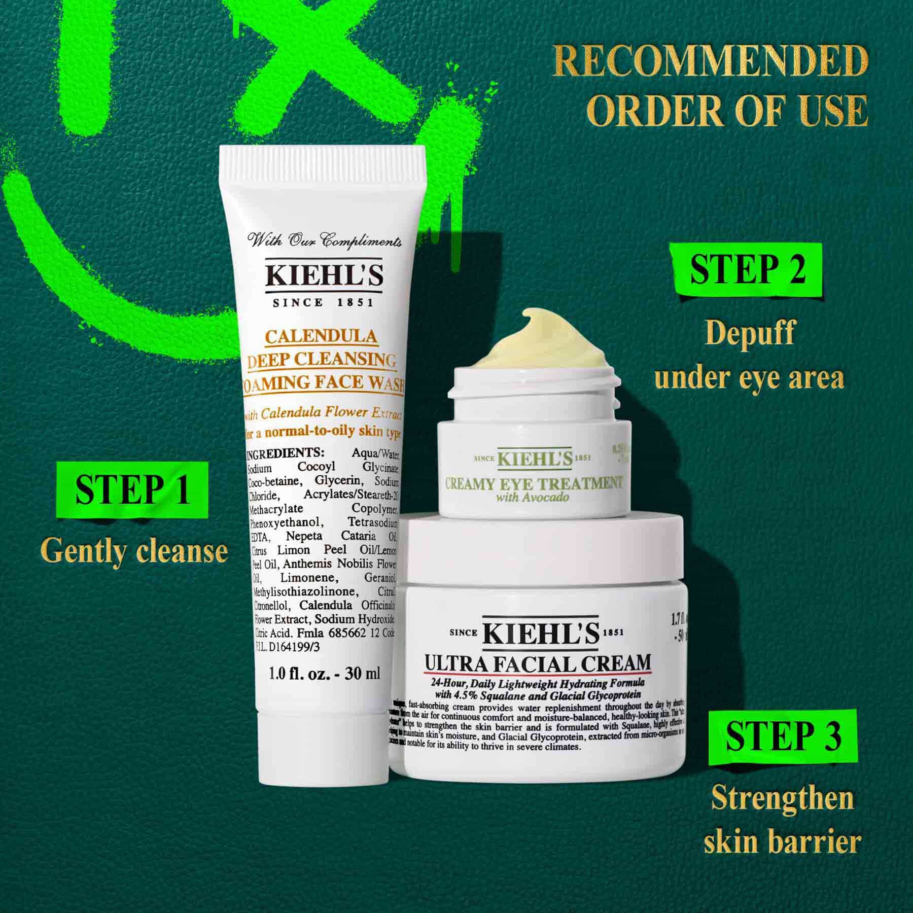 Koyu yeşil dokulu bir arka plan uzerine parlak yeşil detaylarla hazırlanmış bir grafik, sağ ust koşede "KULLANIM SIRASI ONERİSİ" metnini iceriyor. Uc Kiehl's urunu sırayla dizilmiş: "KIEHL’S CALENDULA DEEP CLEANSING FOAMING FACE WASH" tupu "ADIM 1 Nazikce temizle" etiketiyle, "KIEHL’S CREAMY EYE TREATMENT WITH AVOCADO" kavanozu ve gorunur urunu "ADIM 2 Goz altı bolgesindeki şişliği azalt" etiketiyle, ve "KIEHL’S ULTRA FACIAL CREAM" kavanozu "ADIM 3 Cilt bariyerini guclendir" etiketiyle.