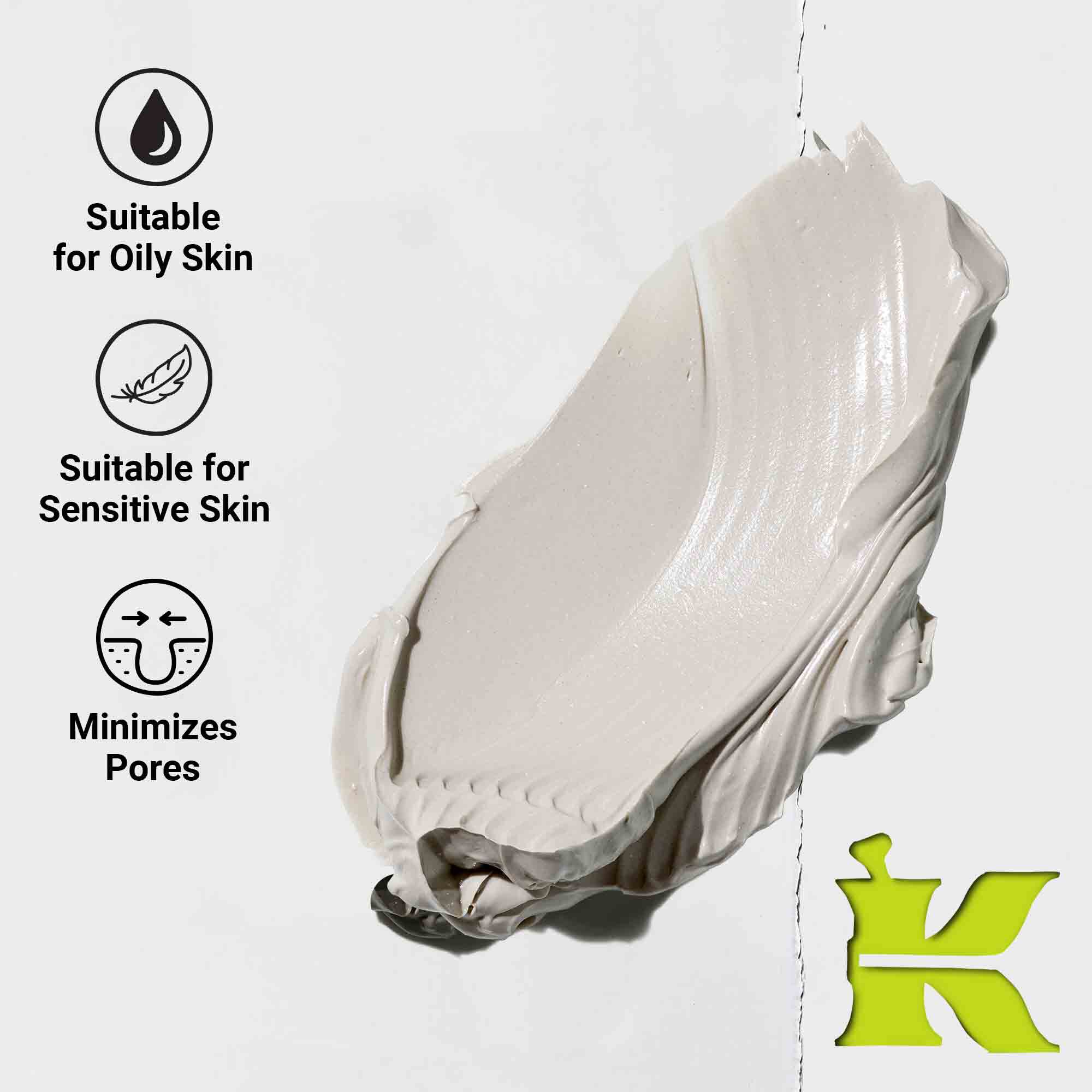 Texture photo with icons stating it reduces pores, features natural ingredients, for all skin types