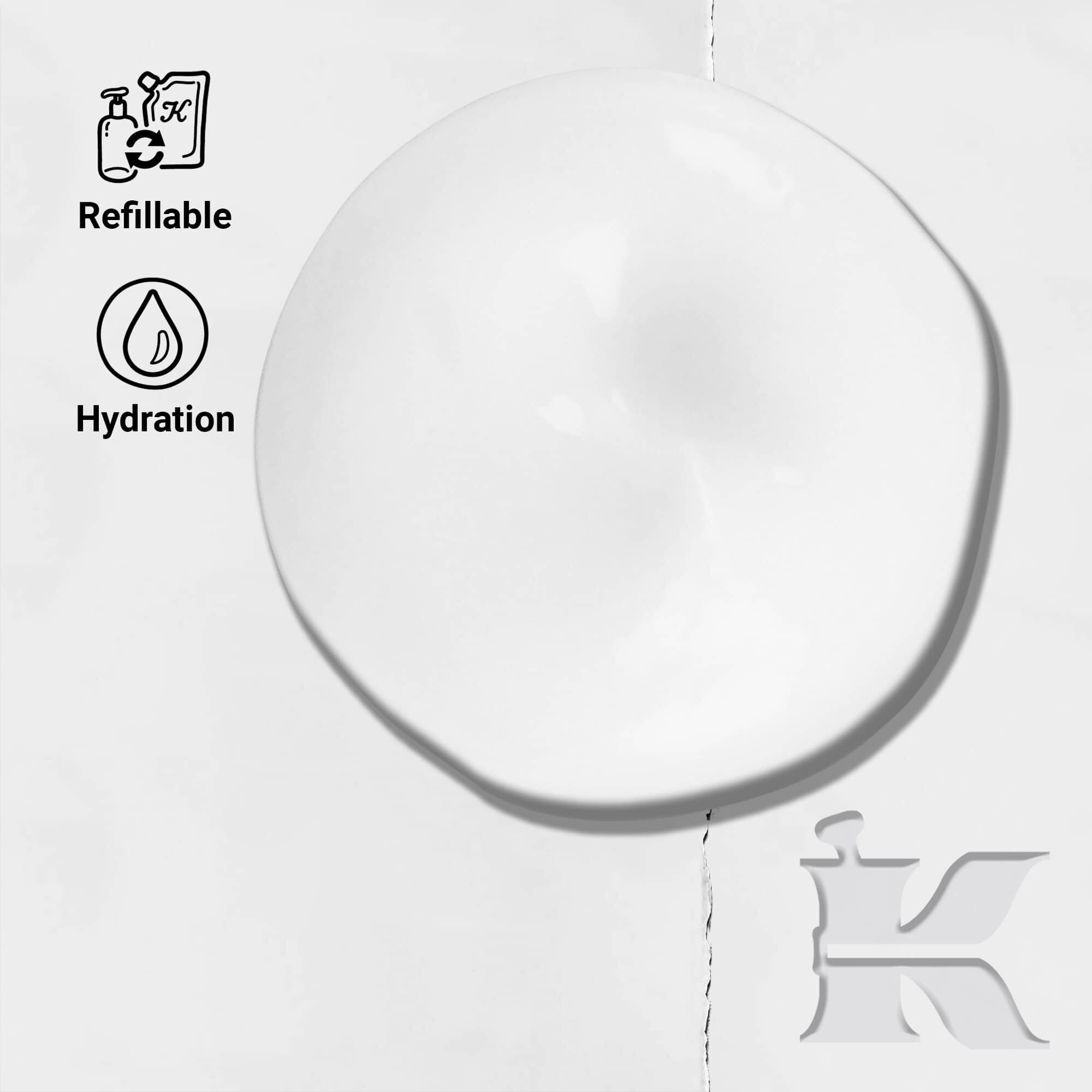 Amino Acid Conditioner texture photo with icons showing it is refillable and offers hydration