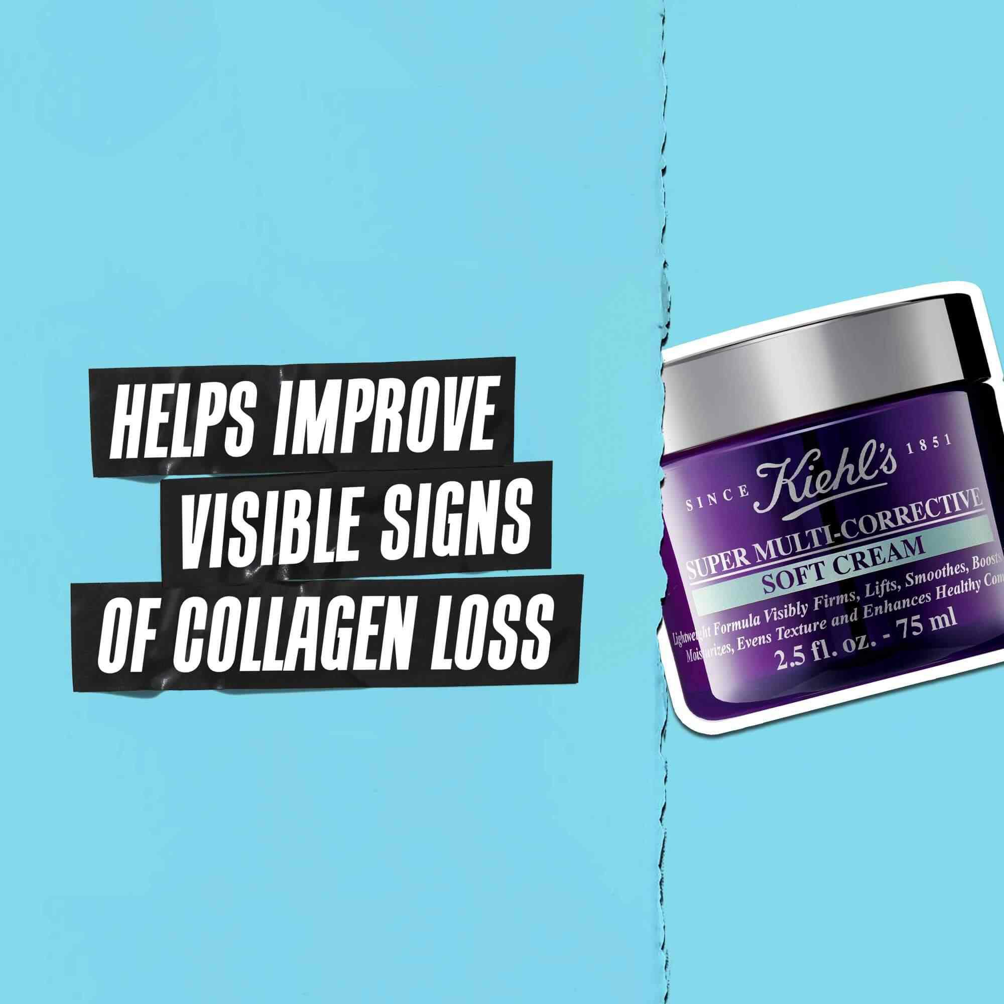 Sol tarafta, "KOLAJEN KAYBININ GORUNUR BELİRTİLERİNİ İYİLEŞTİRMEYE YARDIMCI OLUR." yazan bir metin kutusu. Sağ tarafta Kiehl's Super Multi-Corrective Soft Cream'in mor kavanozu yer alıyor. Tum gorsel acık mavi bir arka plan uzerine yerleştirilmiştir.