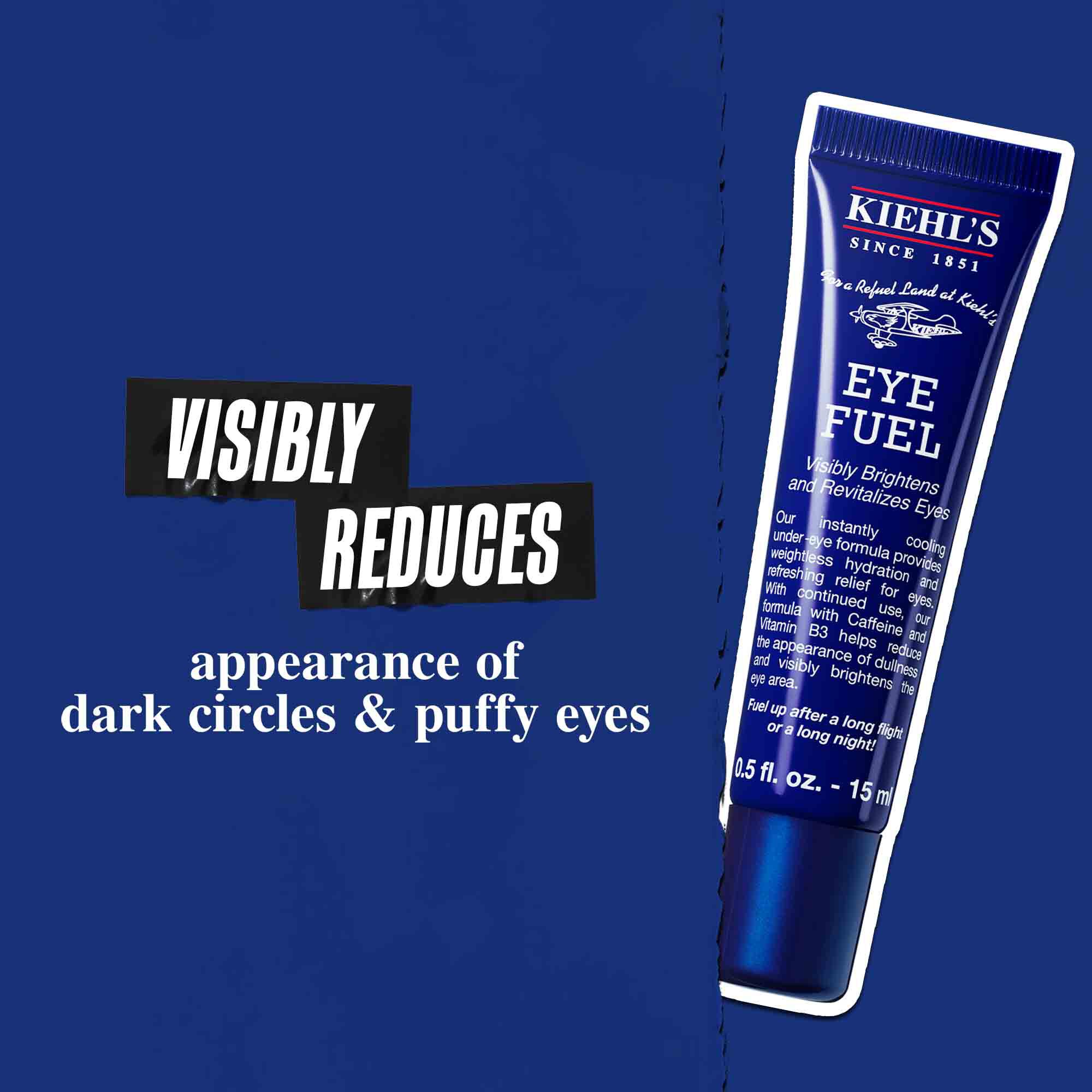 Koyu mavi bir arka plan uzerinde Facial Fuel Eye Fuel tupu. Metinde şoyle yazıyor: "Gozaltı morluklarının ve şişkinliğin gorunumunu belirgin şekilde azaltır."