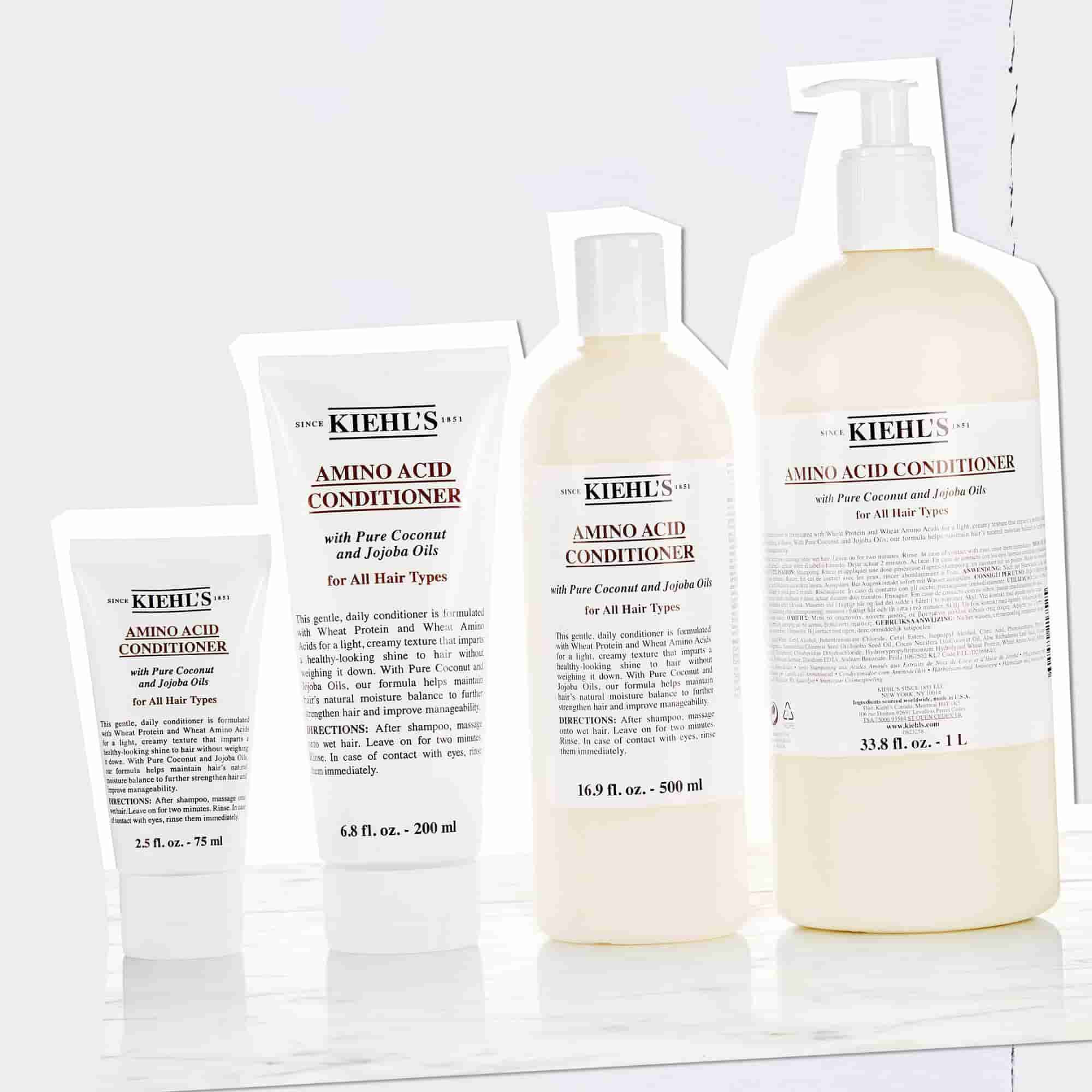 Kiehl's Amino Acid Conditioner bottles in sizes from 2.5 fl. oz. – 75 ml to 33.8 fl. oz. – 1 L