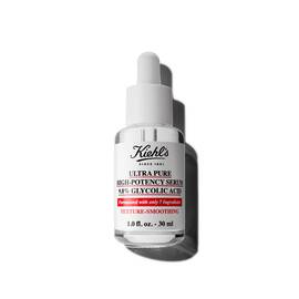 Beyaz bir zemin uzerinde Kiehl's Ultra Pure %9,8 Glycolic Acid Serum'un 30ml'lik şişesi.