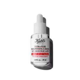 Beyaz bir zemin uzerinde Kiehl's Ultra Pure %9,8 Glycolic Acid Serum'un 30ml'lik şişesi.