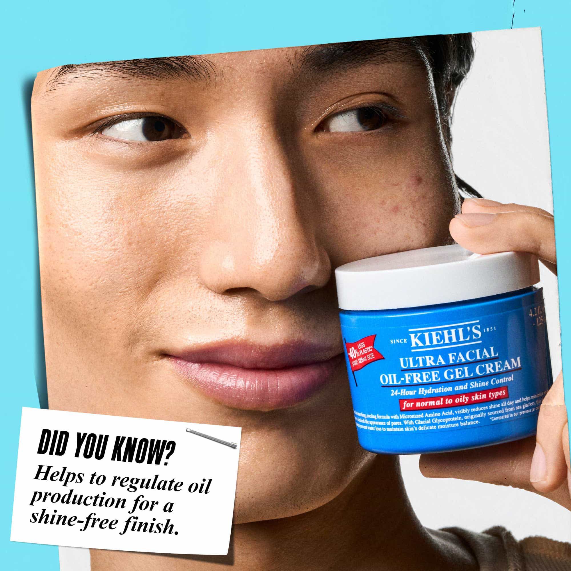 A jar of Ultra Facial Oil-Free Gel Cream with a callout that it, "helps to regulate oil production for a shine-free finish."