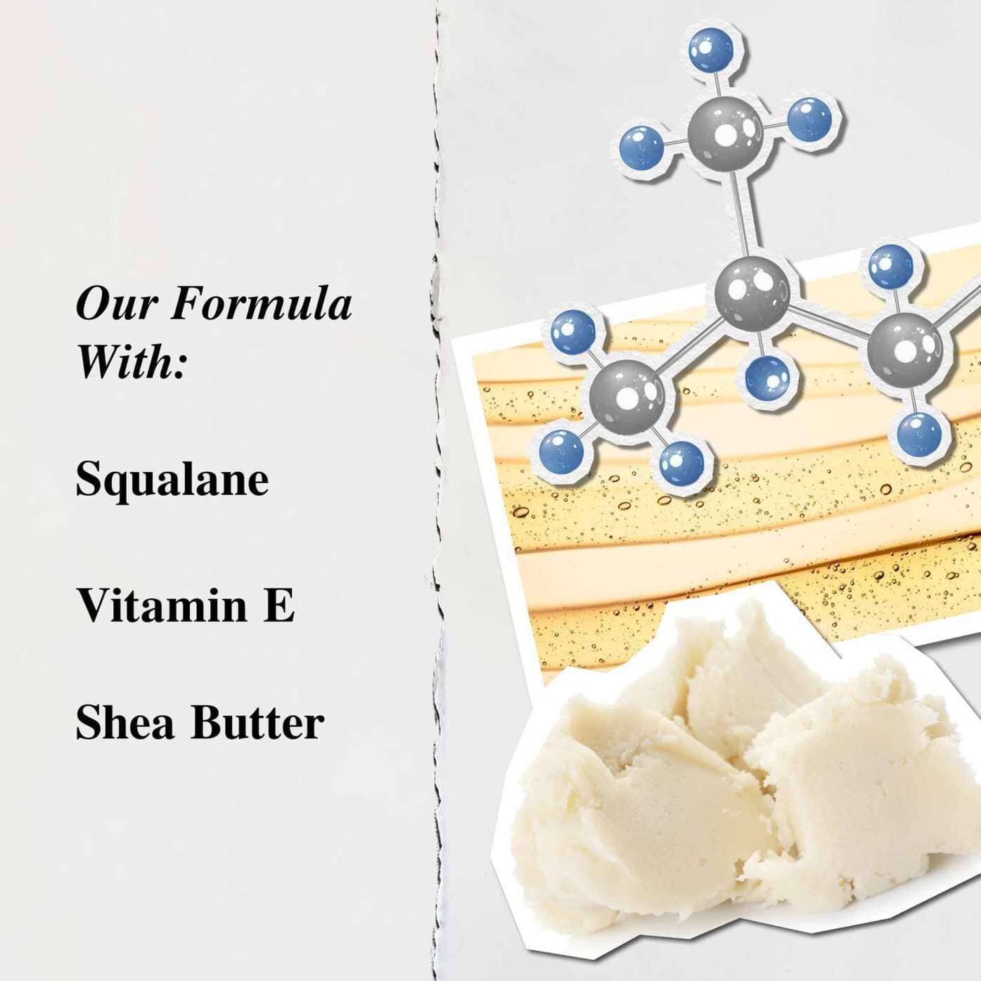 A graphic highlighting the key ingredients of Lip Balm #1: Shea Butter, Squalane, and Vitamin E.