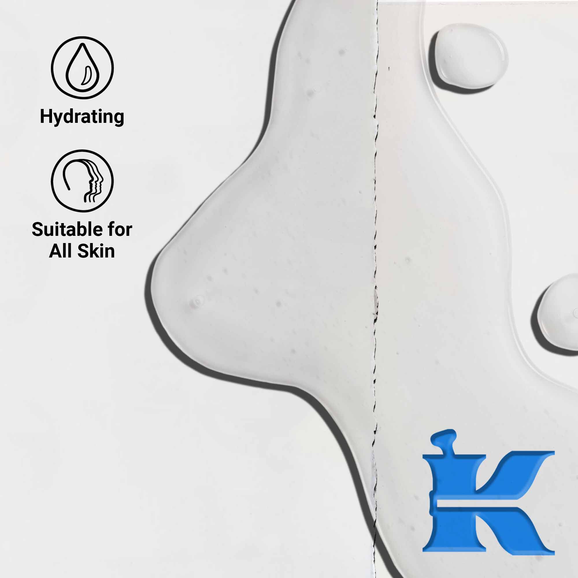 Ultra Pure %1.5 Hyaluronik Asit Serumu'nun dokusunun yakın cekimi, şeffaf sıvı damlacıklarını gosteriyor. Metin, nemlendirme faydalarını ve tum cilt tiplerine uygunluğunu vurguluyor.