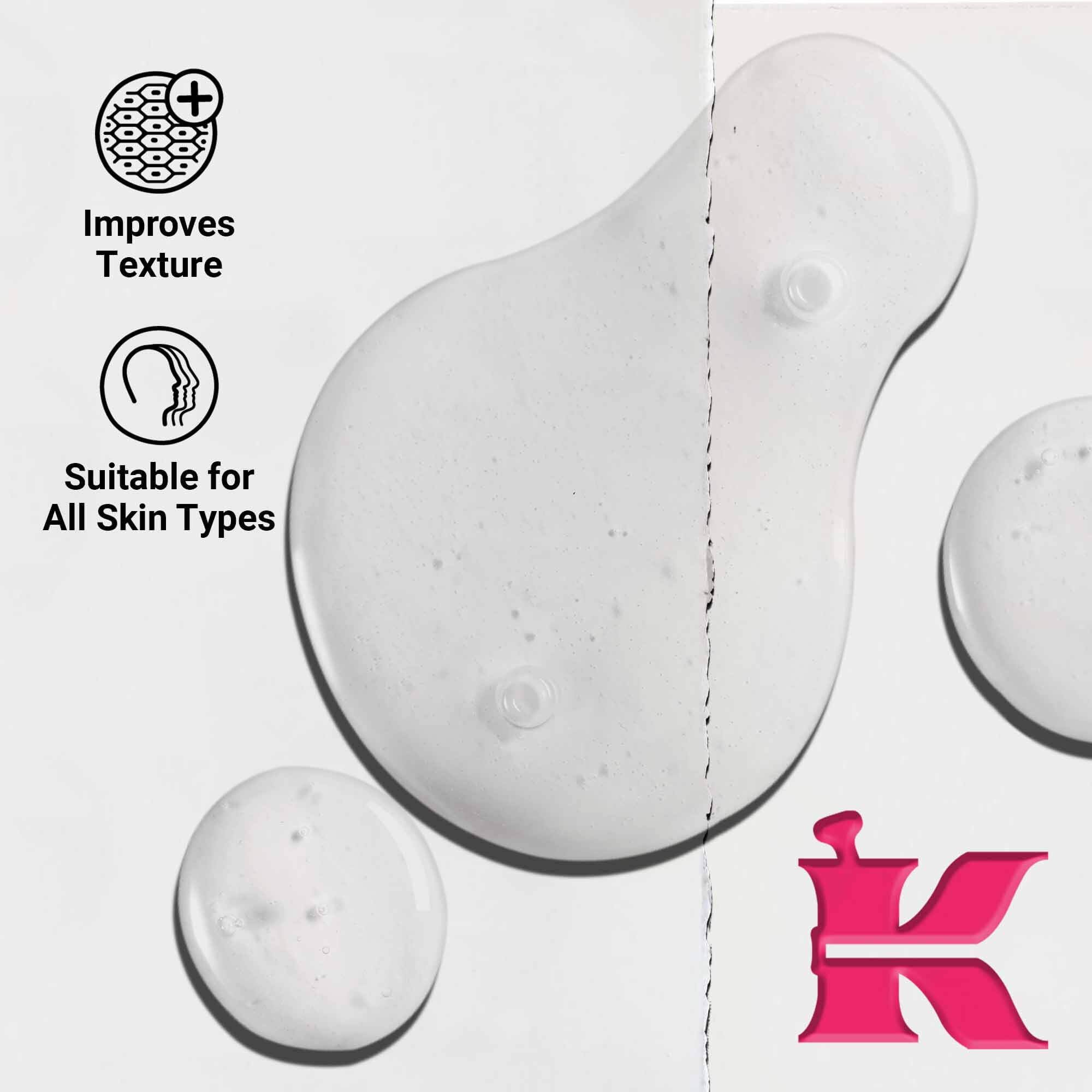 Ultra Pure %9.8 Glikolik Asit Serum'un dokusunu yakından gosteren, berrak sıvı damlacıkları fotoğrafı. Metin, cilt dokusunu iyileştirme ozelliğini ve tum cilt tipleri icin uygunluğunu vurgular.
