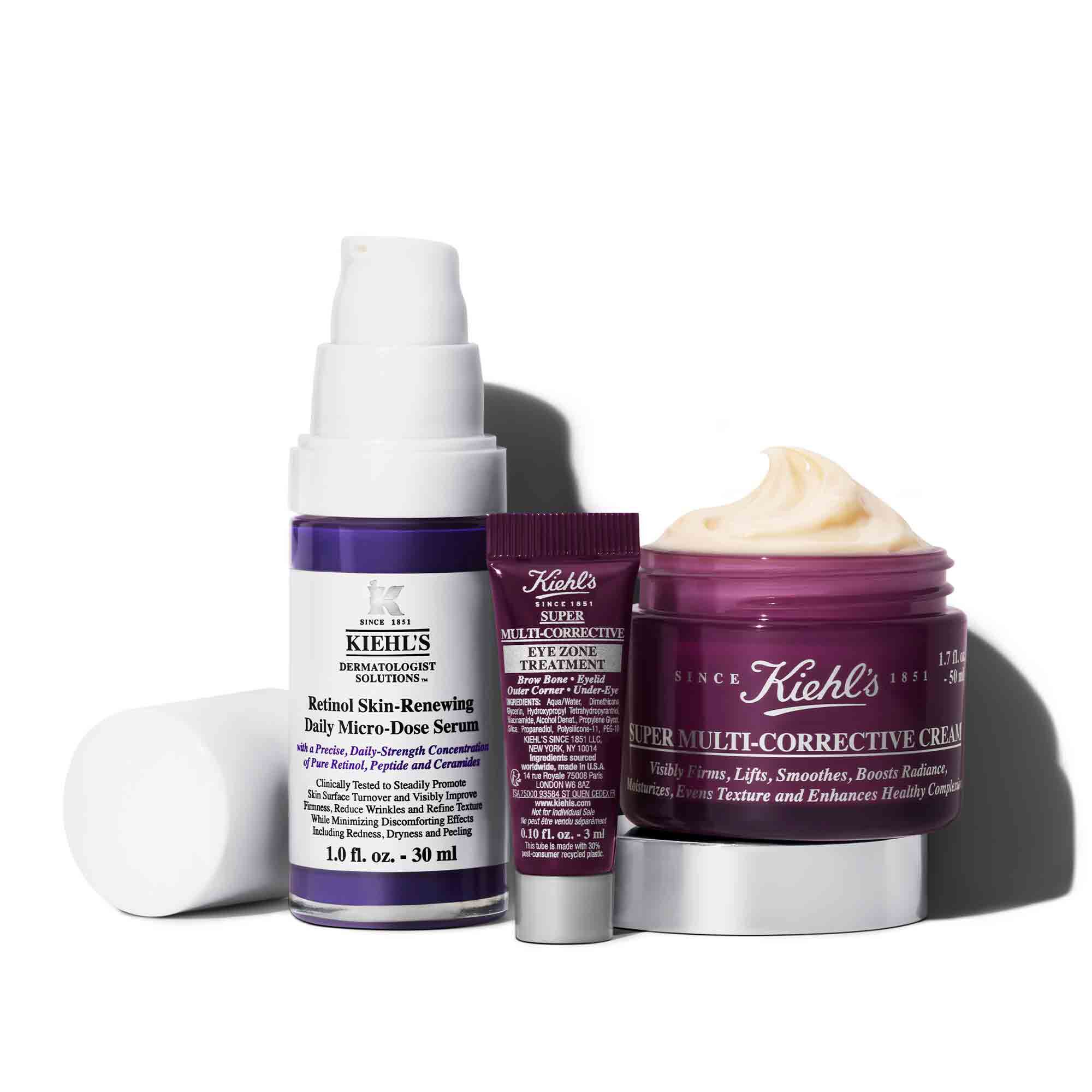 Kiehl's yaşlanma karşıtı seti: retinol serumu, goz kremi ve cok yonlu duzeltici krem, avantajlı fiyatlarla ve değer sunarak tanıtılıyor.