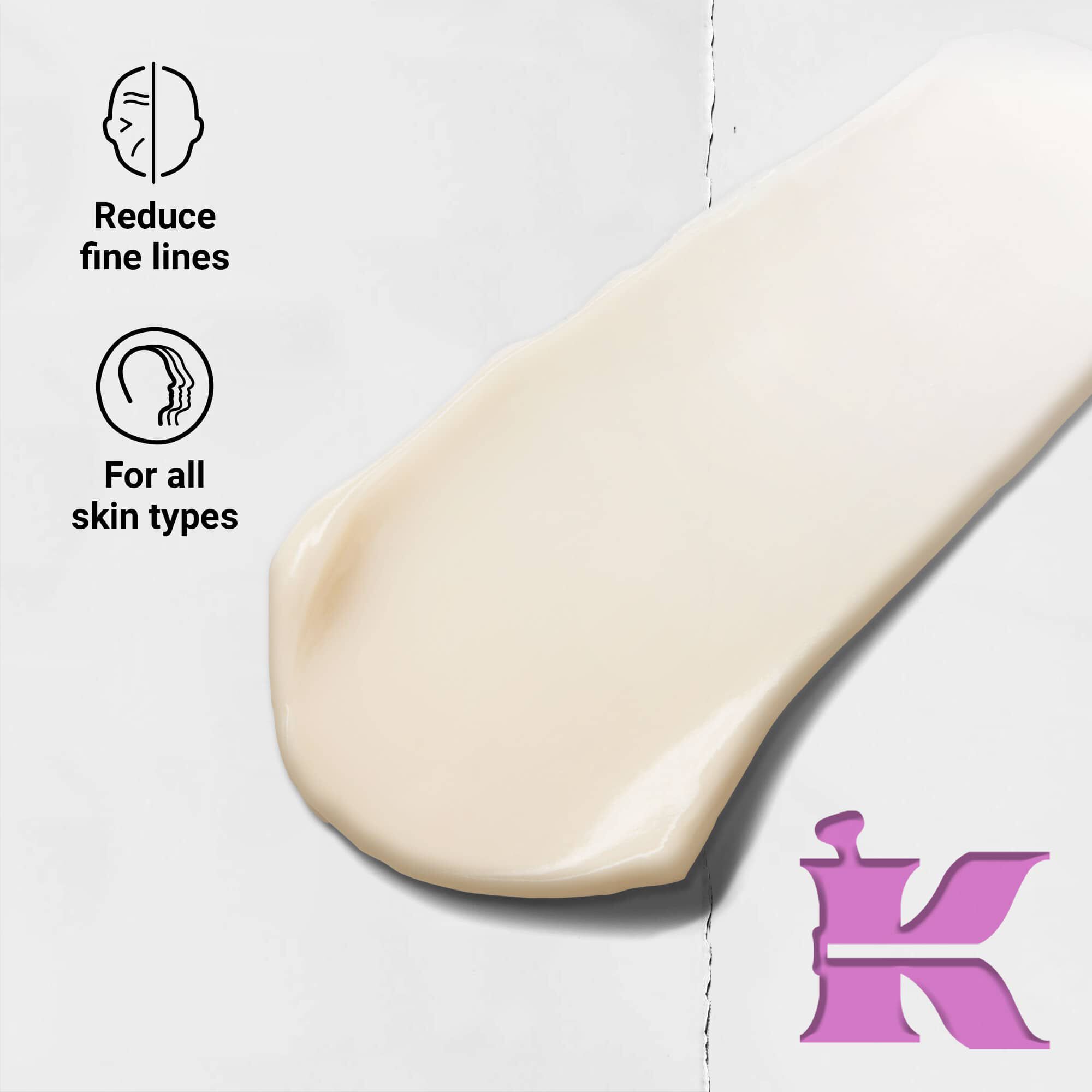Texture photo with icons: reduces fine lines and is formulated for all skin types