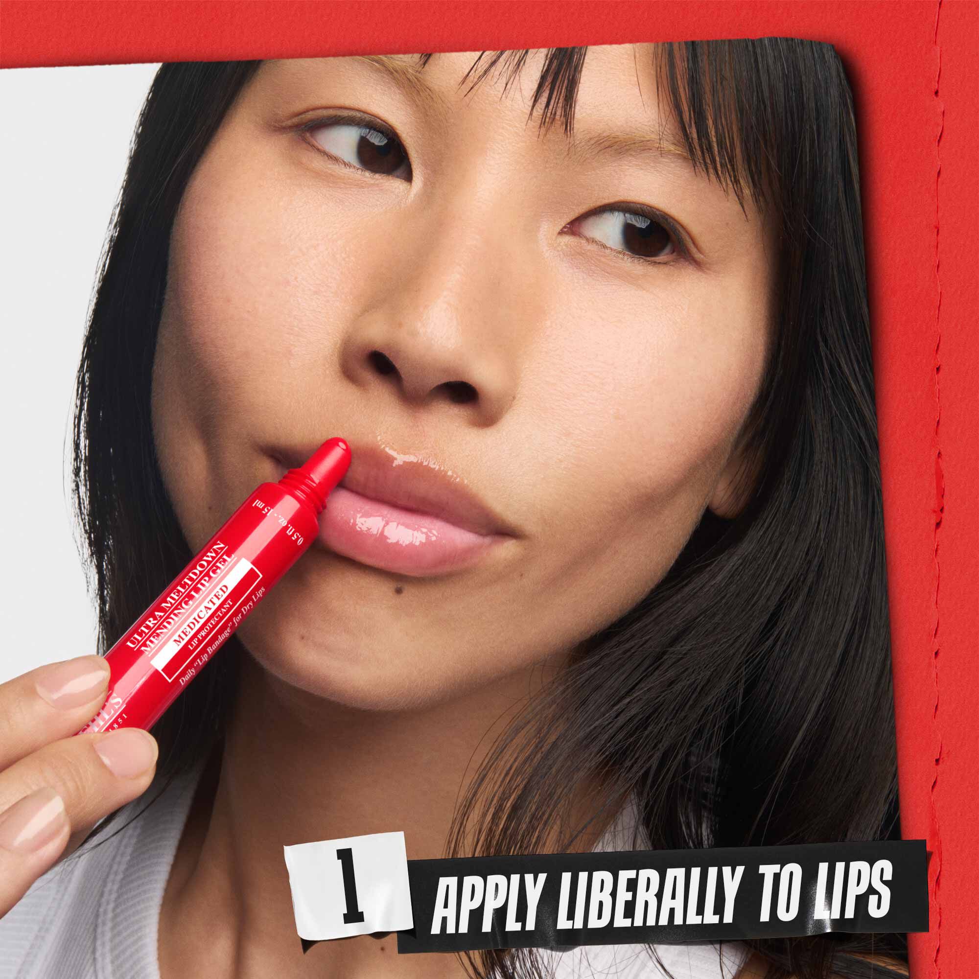How to Use Our Ultra Meltdown Mending Lip Gel instructional animation featuring a woman holding a red tube of Kiehl’s lip treatment.​