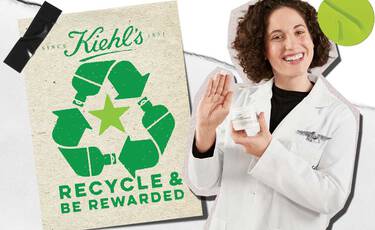 Recycle & Be Rewarded" paper alongside Kiehl’s Rare Earth Deep Pore Cleansing Mask and Calendula Herbal- Extract Toner, highlighting the brand’s in-store recycling program.
