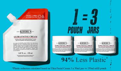 Kiehl's Ultra Facial Cream 150 ml doldurma poşeti, uc kavanozun yerini alır ve %94 daha az plastik kullanır, surdurulebilirliği ve azaltılmış ambalaj kullanımını destekler.