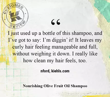 I just used up a bottle of this shampoo, and I've got to say: I'm diggin' it! It leaves my curly hair feeling manageable and full, without weighing it down. I really like how clean my hair feels, too. –nford, kiehls.com