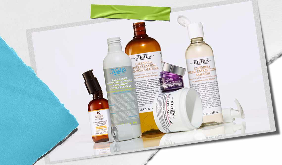 Assorted Kiehl’s skincare products, featuring Calendula cleanser, toner, and Ultra Facial Cream, alongside the My Kiehl’s Rewards heart logo.​