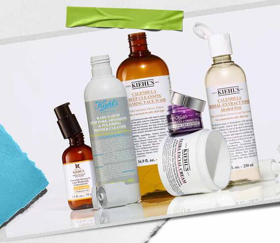 Assorted Kiehl’s skincare products, featuring Calendula cleanser, toner, and Ultra Facial Cream, alongside the My Kiehl’s Rewards heart logo.