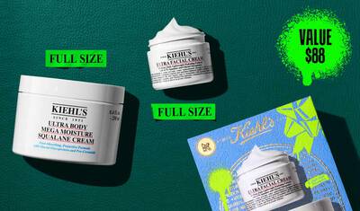 Koyu yeşil dokulu bir arka plan uzerine tasarlanmış bir grafik. Sol tarafta parlak yeşil renkte "FULL SIZE" etiketiyle işaretlenmiş "KIEHL’S ULTRA BODY MEGA MOISTURE SQUALANE CREAM" adlı bir kavanoz yer alıyor. Ortanın ust kısmında, icinde urunun kıvrımlı bir goruntusunu ortaya cıkaran ve yine parlak yeşil renkte "FULL SIZE" etiketiyle işaretlenmiş acık bir "KIEHL’S ULTRA FACIAL CREAM" kavanozu bulunmaktadır. Sağ alt koşede, aynı iki urunu sergileyen mavi bir Kiehl’s hediye kutusu bulunuyor. Sağ ust koşede ise parlak yeşil bir boya sıcraması icinde "VALUE $88" metni yer alıyor.