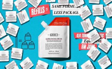 Kiehl’s Ultra Facial Cream refill pouch promotional graphic. Highlights “Same Formula, Less Package,” noting annual savings of 122 tonnes of plastic, equivalent to 1.7 million jars.