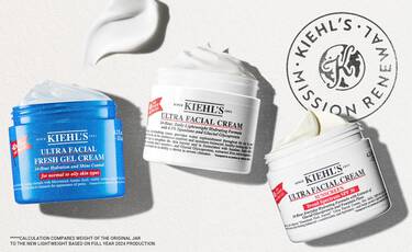 Three open jars of Kiehl’s Ultra Facial Cream—Original, Oil-Free Gel Cream, and Barrier Cream—with a "Mission Renewal" seal, highlighting the brand’s commitment to sustainable skincare.