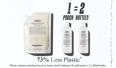 Kiehl's Amino Acid Conditioner 1L doldurma poşeti, iki şişeye eşittir ve iki 500 ml şişeye kıyasla %73 daha az plastik kullanarak surdurulebilirlik ve azaltılmış ambalaj kullanımı sağlar.